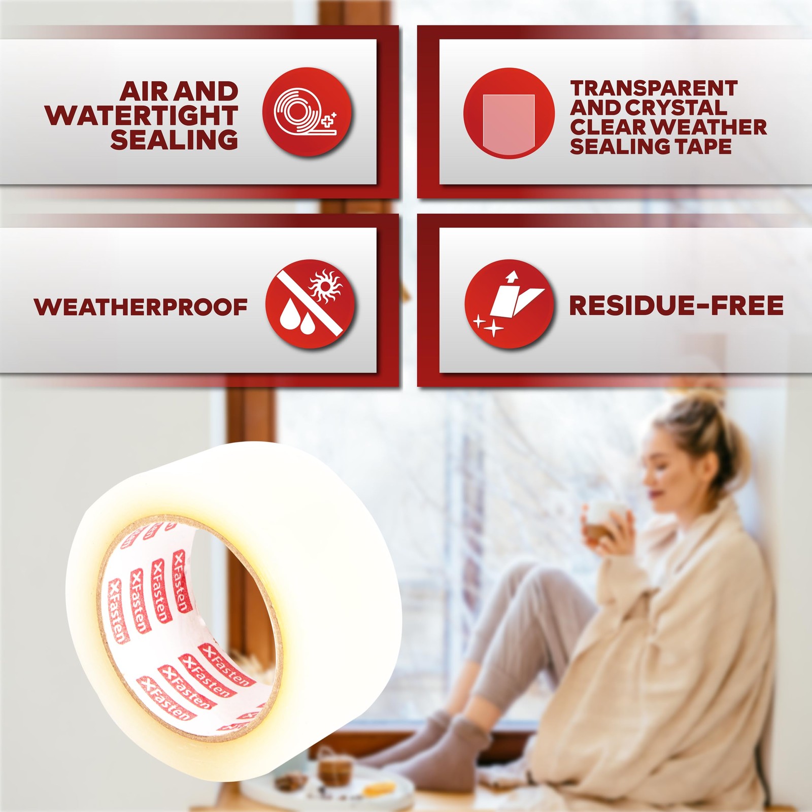 Xfasten Transparent Window Weather Sealing Tape, 2-Inch X 30 Yards (50.8Mm X 27.