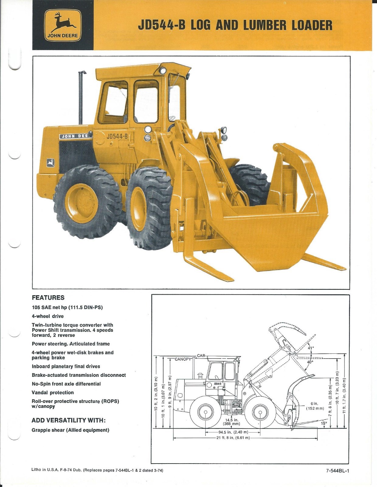 Equipment Brochure – John Deere – JD 544-B – Log Lumber Loader – c1974 (E4644)