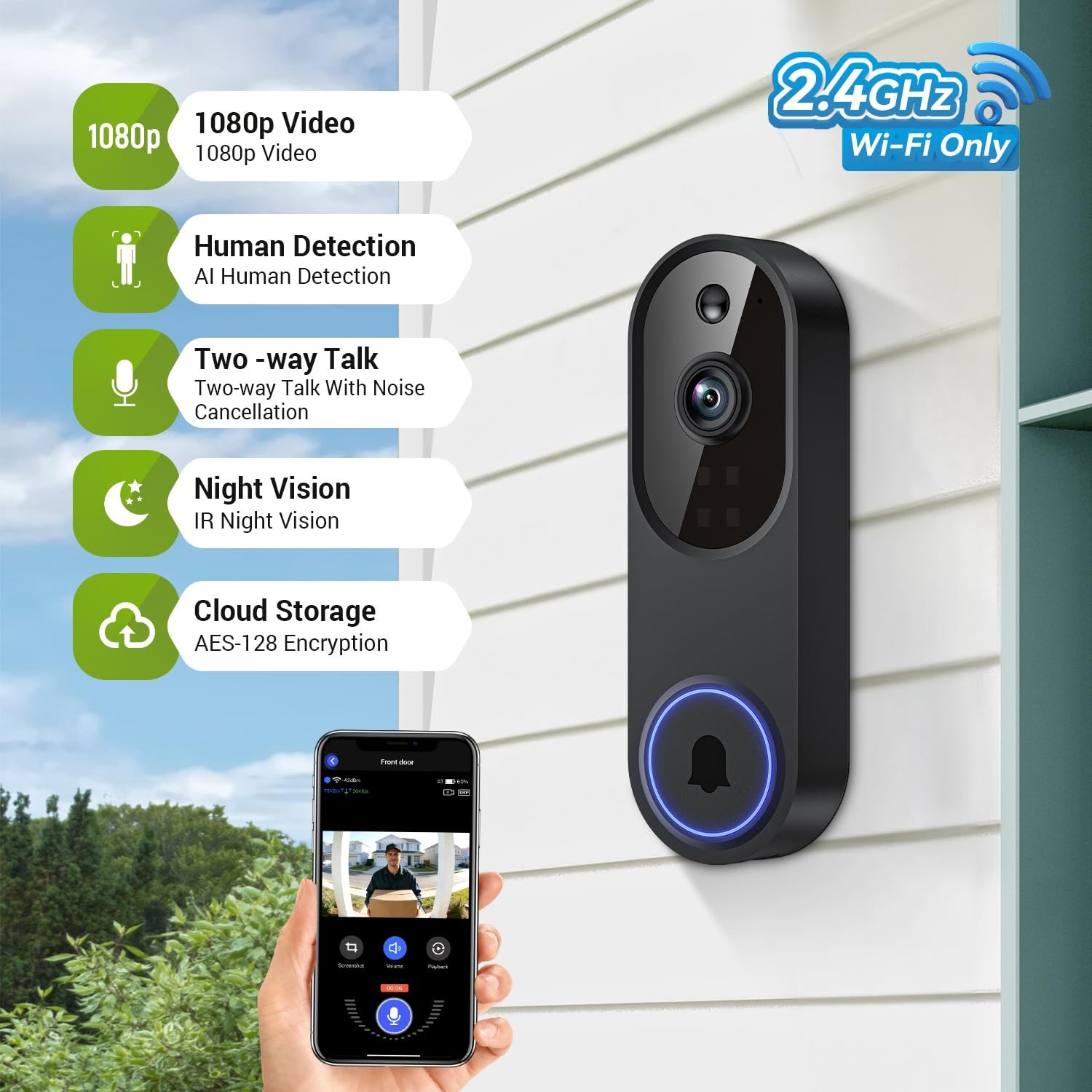 Lunelyx 1080P Wireless Video Doorbell Camera, Outdoor Surveillance Black