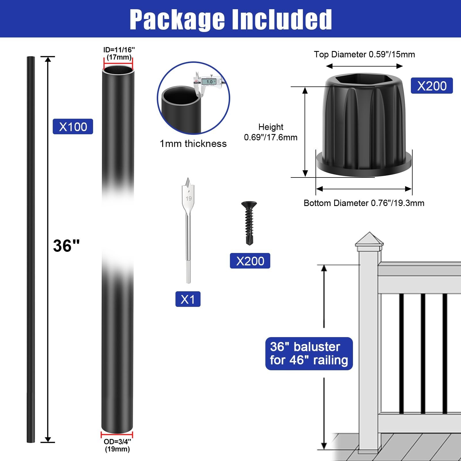 BLIKA 100 Pack 36″ Black 3/4″ OD Aluminum Deck Balusters w/ Connectors