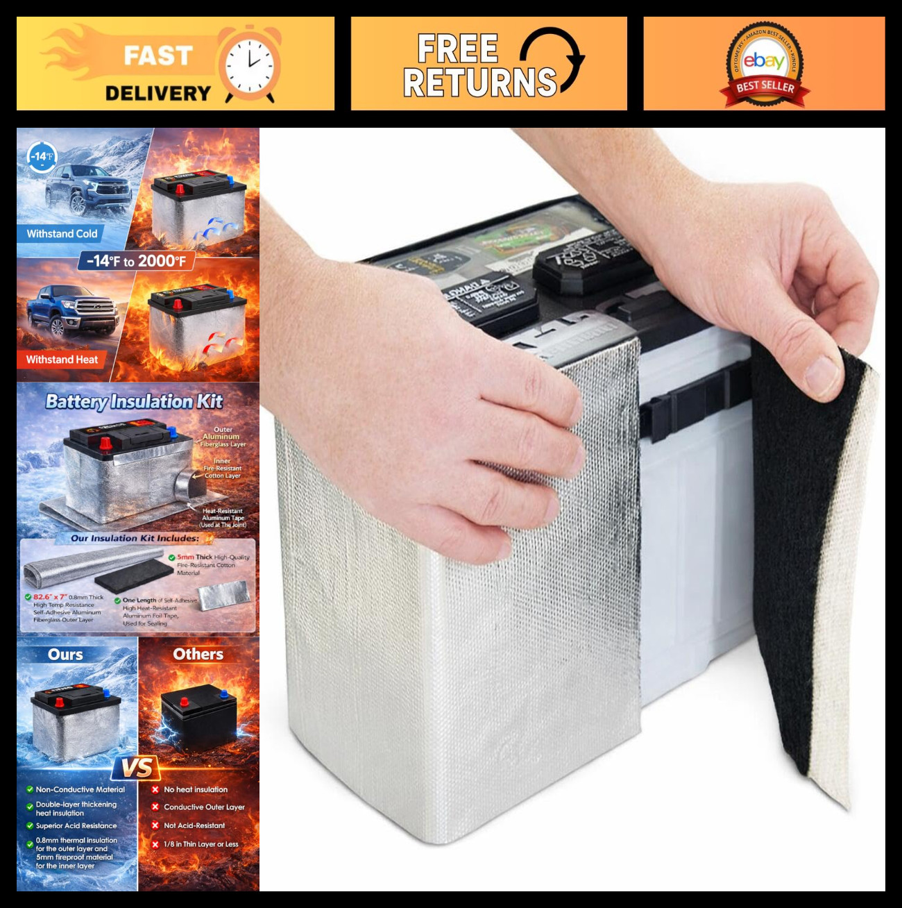 Universal Car Battery Insulation Kit – 82.6″x7″ Cold Weather Blanket Cover for T