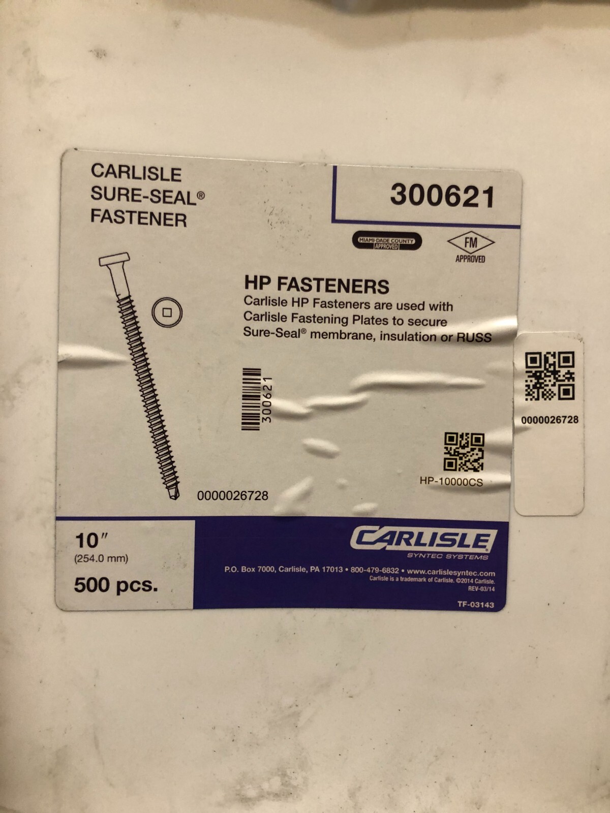 Carlisle’s SURE-SEAL 10″ HP Fasteners 300621 500ct