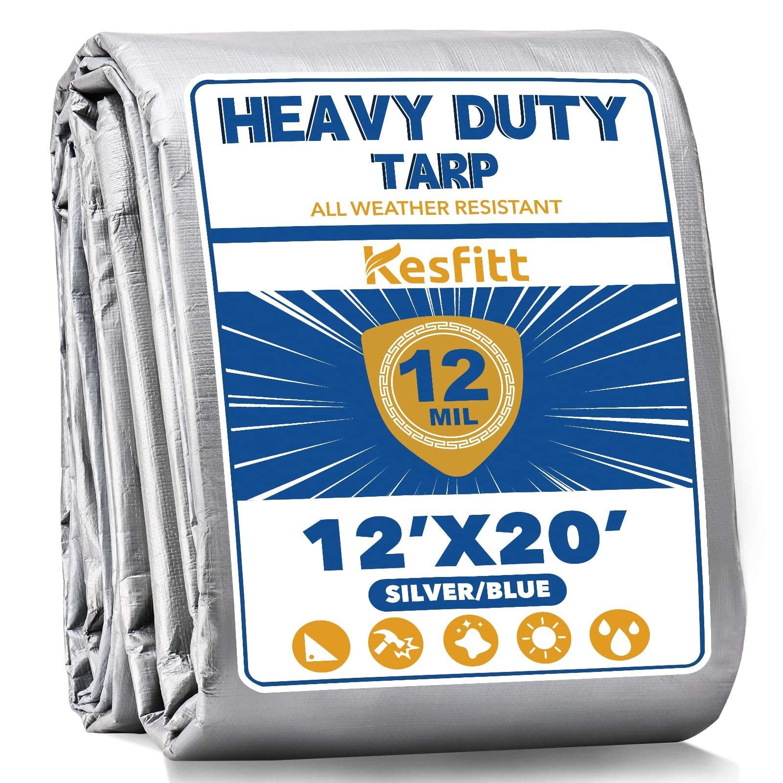 Kesfitt 12 Mil Heavy Duty Waterproof Tarp with Metal Grommets, 12×20 ft, Silv…