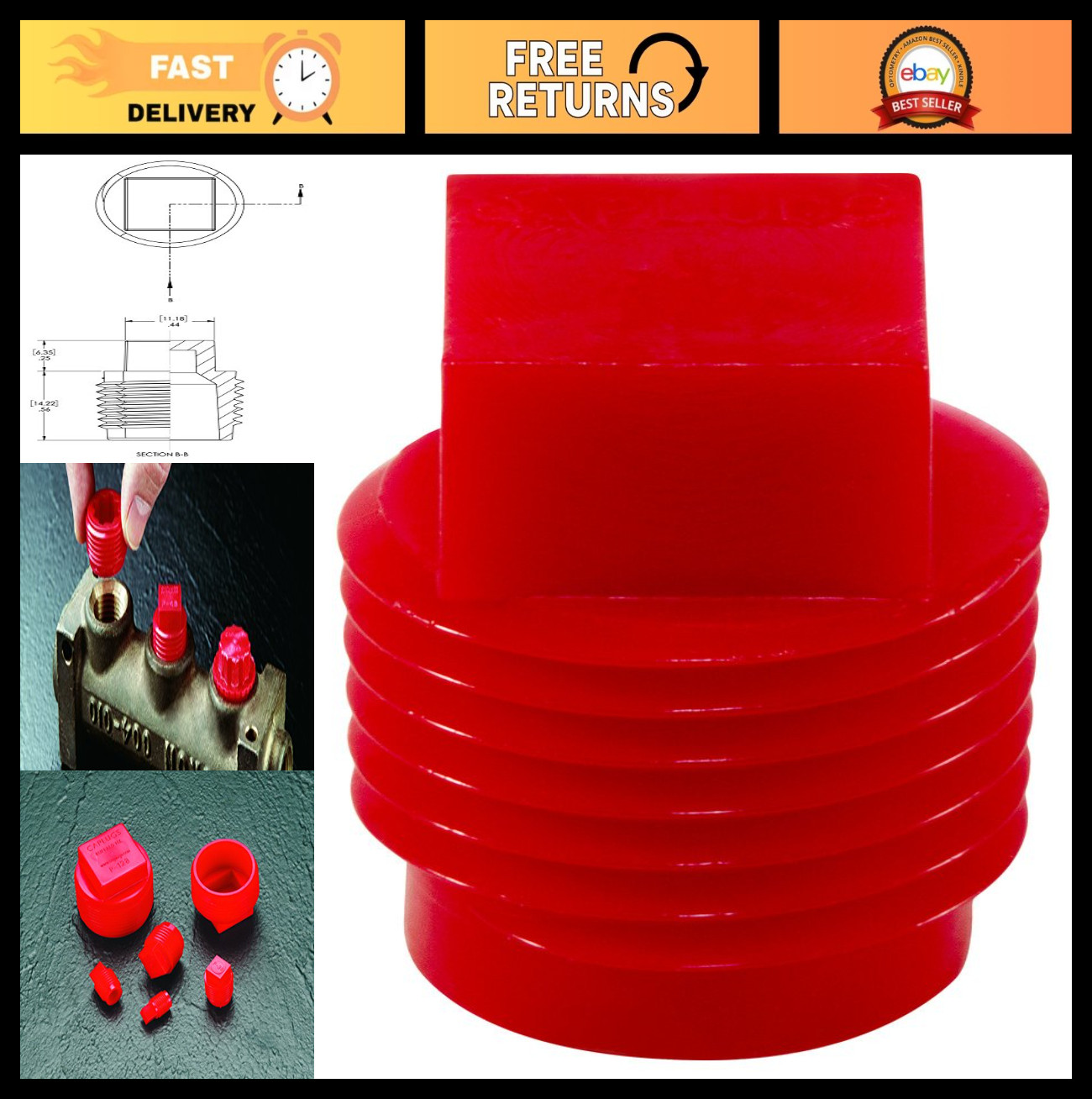 Plastic Threaded Pipe Plug 3/8″ NPT – Tapered & Straight, Leak Prevention, Red (