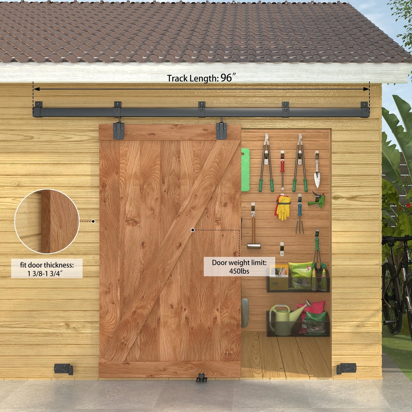 8FT Black Box Rail Exterior Barn Door Hardware Kit, Sliding Heavy Duty Barn D…