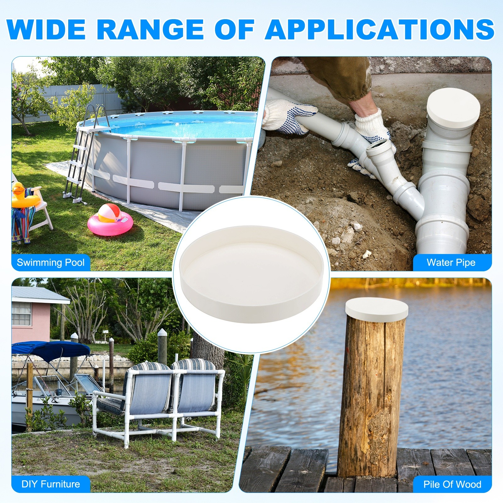 10-Pack PVC Pipe End Cap Plug, 4.9 Inch PVC Plug Coupling Pipe Fitting Socket