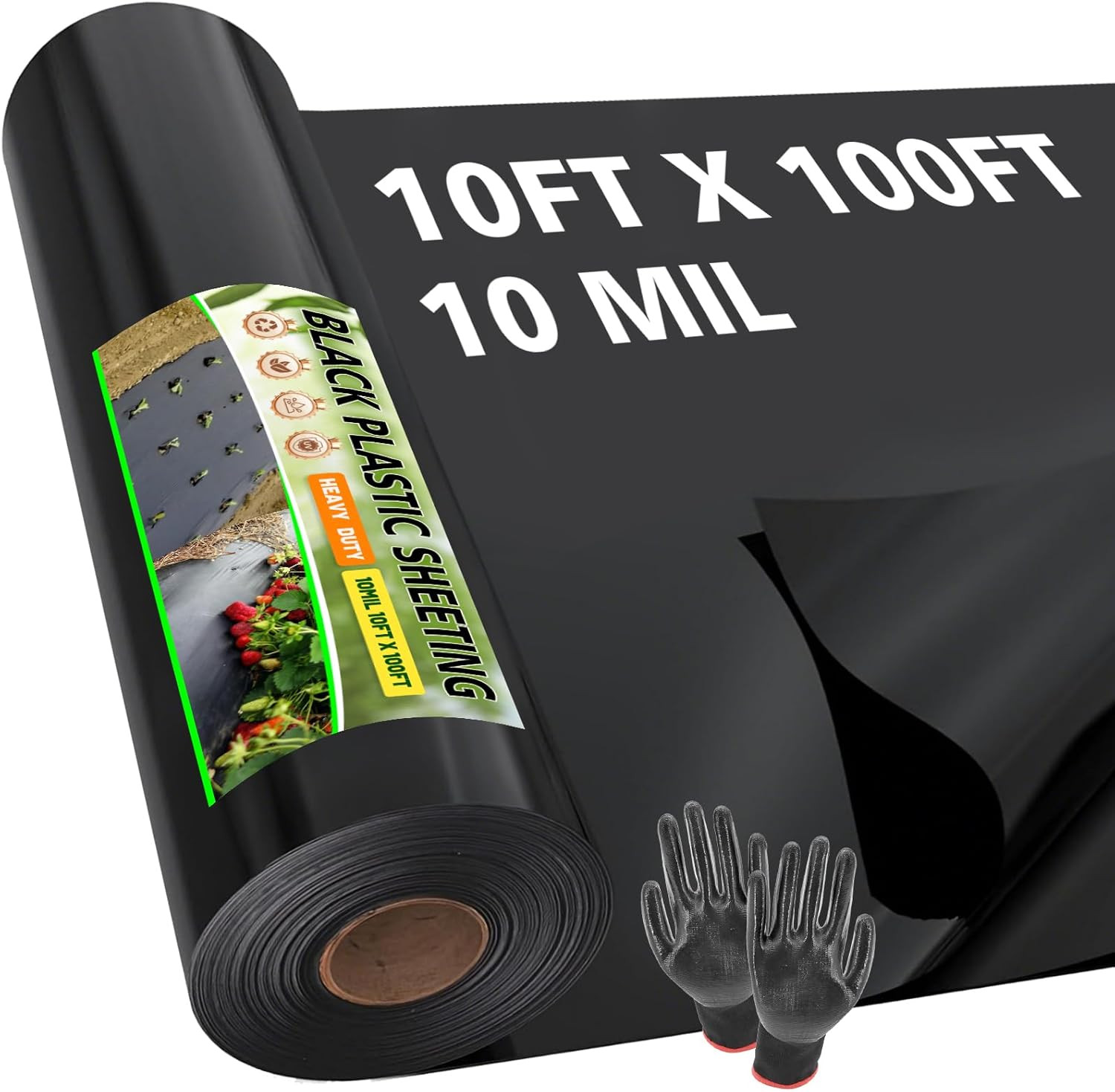 10Ft X 100Ft 10 Mil Black Plastic Sheeting Heavy Duty, LLDPE Vapor Barrier for C