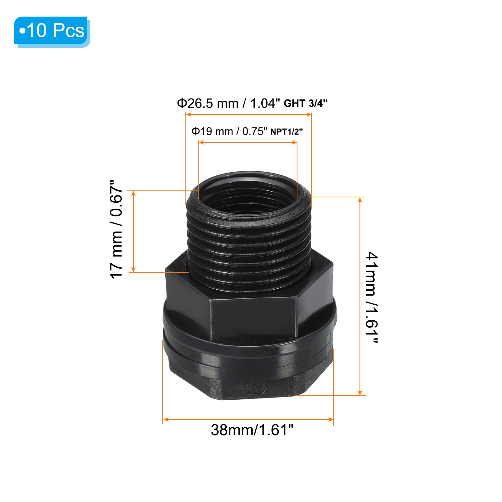 10 Pack Bulkhead Fitting NPT 1/2″ x GHT 3/4″ Water Tank Connector Black