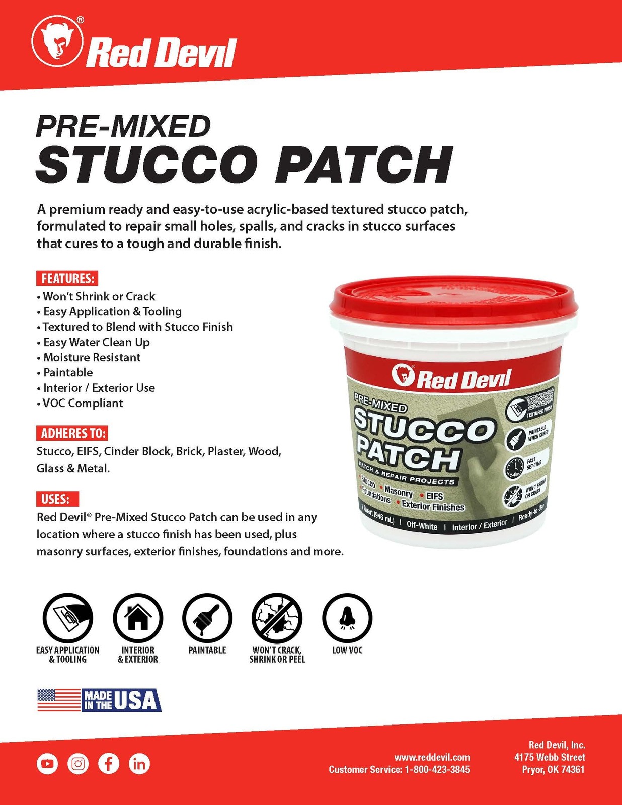 0450 Pre Mixed Stucco Patch, Off White, Quart, 1 Pack