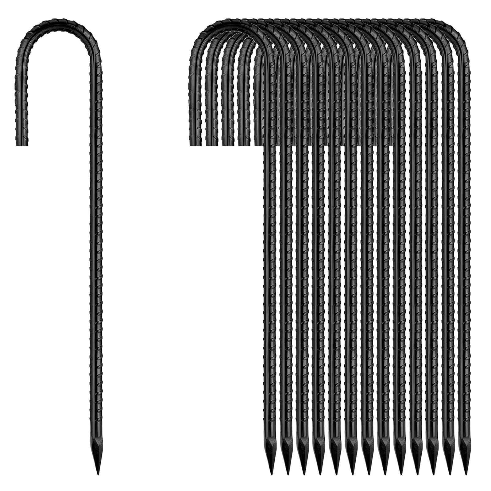 12 Inch Rebar Stakes, J Hook Ground Stakes 20 Pack Black Ground Anchors for T…