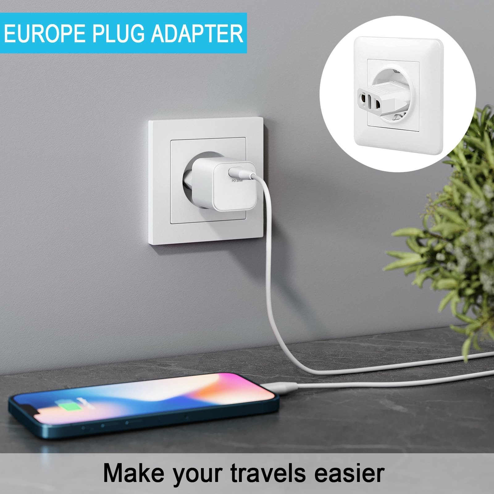 6 Pack European Travel Plug Adapter, US to Europe Type C- 6 White
