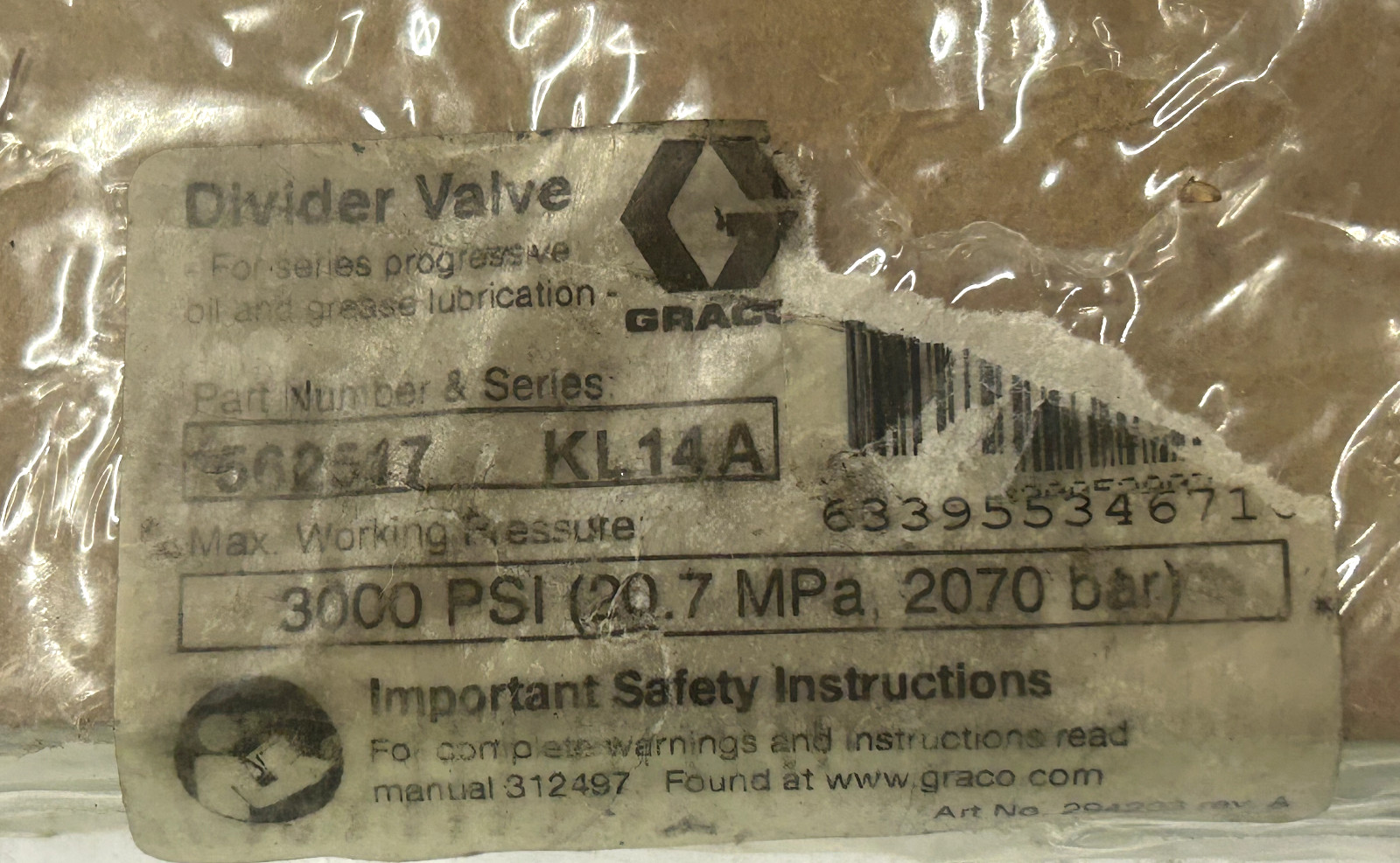GRACO 562517 / KL14A Assembly Mx 050 Valve, 3000 PSI,- (2070 Bar)