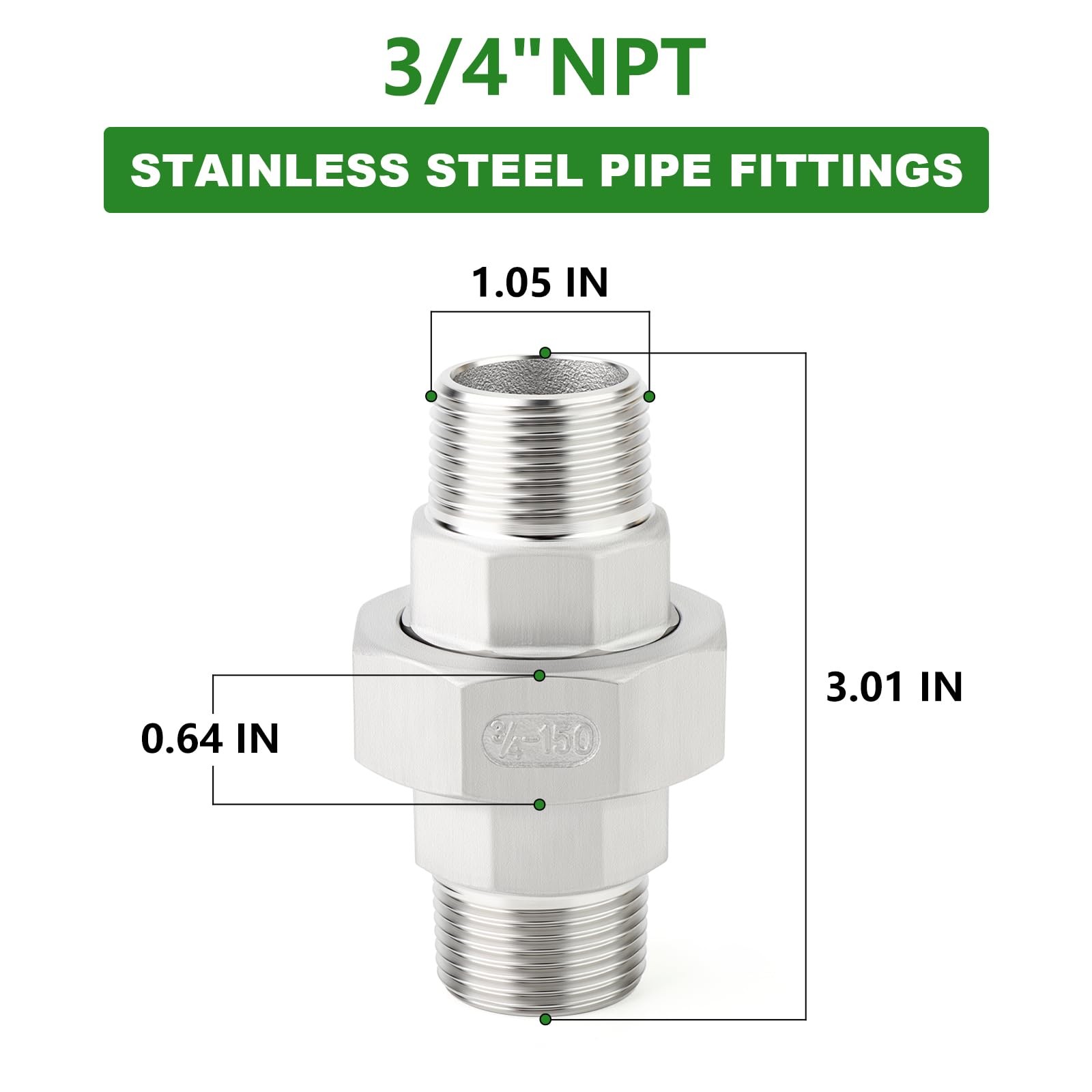 TAISHER 2PCS 304 Stainless Steel Union, 3/4″ NPT Male x MNPT, Silver