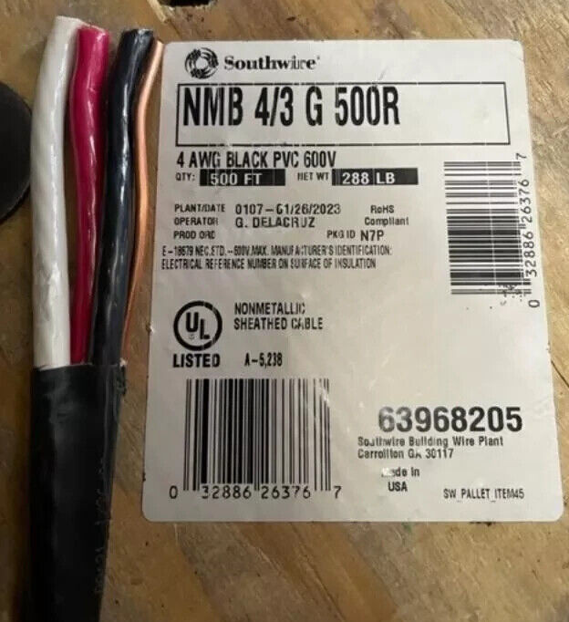 4/3 Romex® With Ground Electrical Wire NM-B Indoor Cable- (BY THE FOOT). NEW