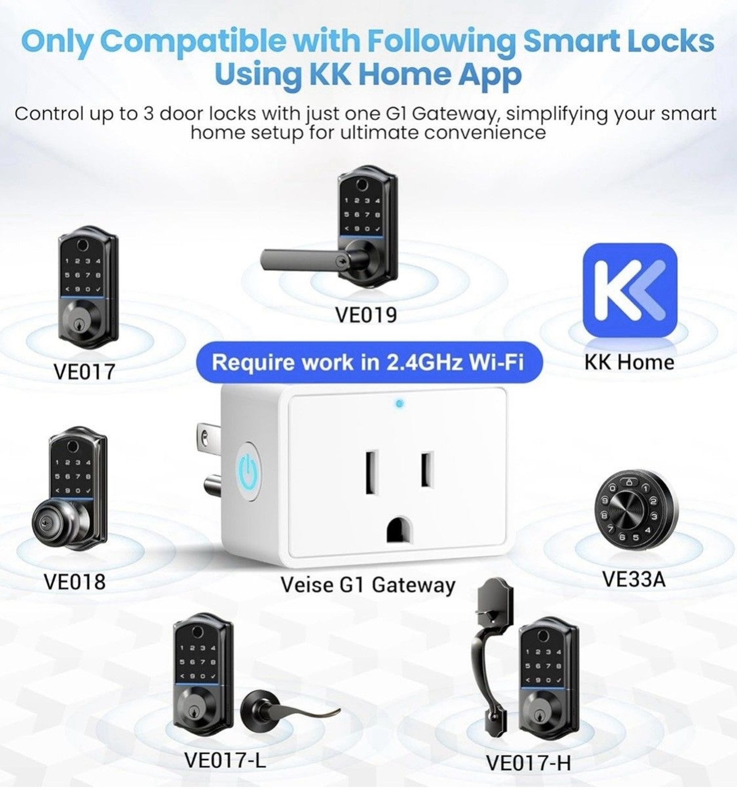 Veise G1 Gateway Compatible with KK Home APP, Smart Door Lock WiFi White