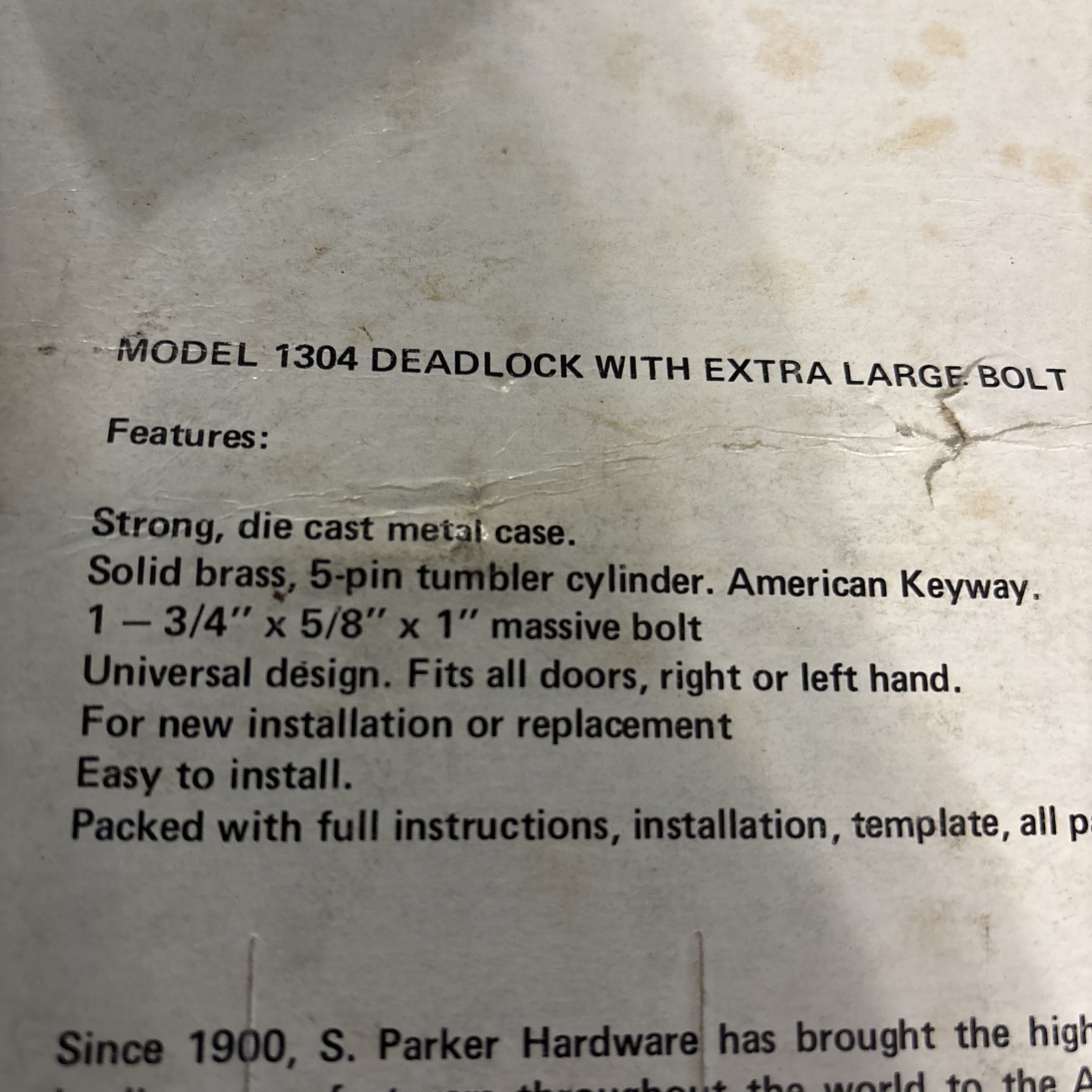 S. PARKER LOCK DEADBOLT Model 1304 Deadlock With X- Large Bolt 3/4”x5/8”x1” Bolt