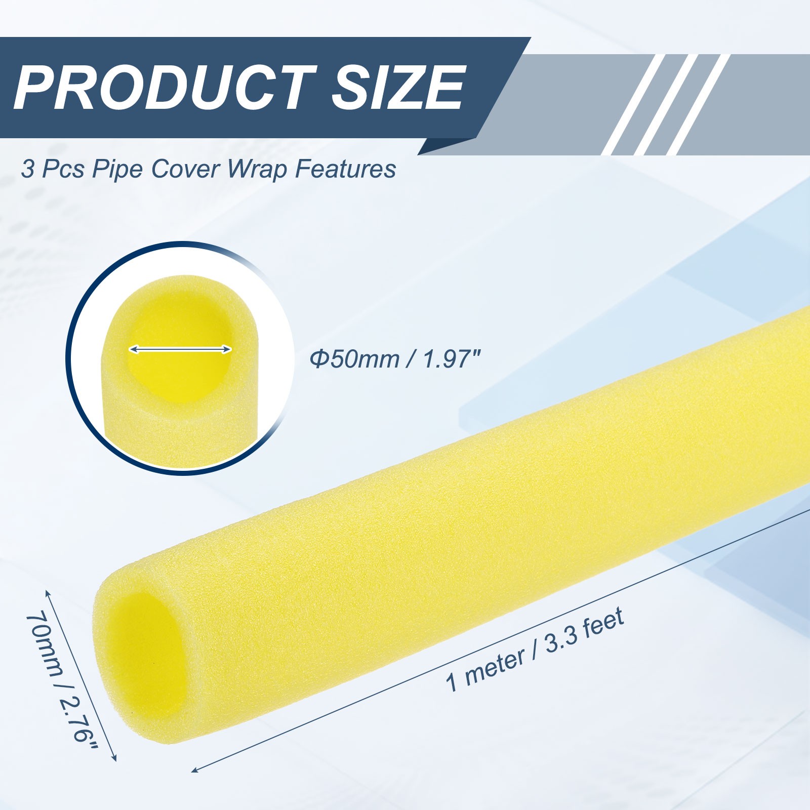 3pcs 2″ ID 3.3FT Pipe Insulation Foam Tube 2.76″ OD Tubing Cover Yellow