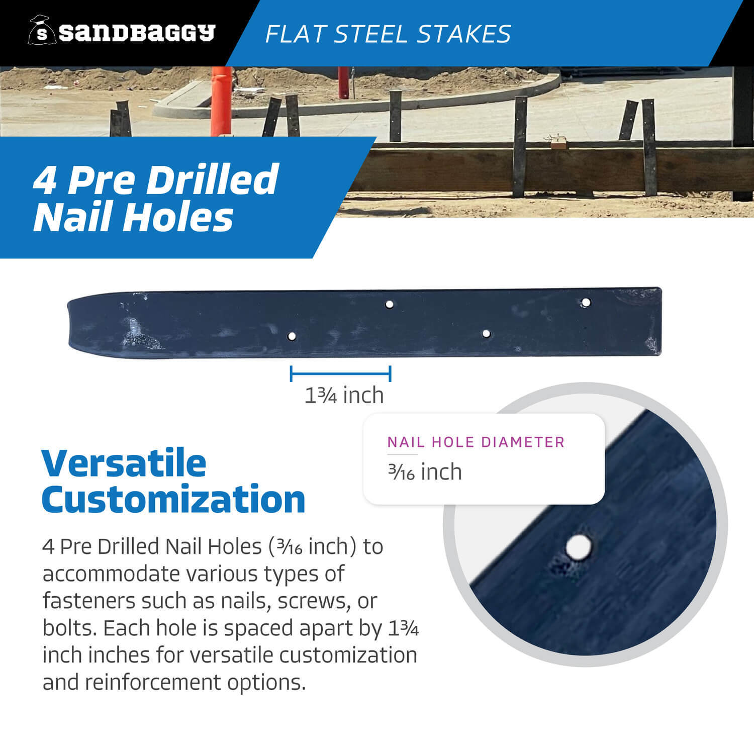 Sandbaggy 12″ Flat Steel Stakes For Concrete Forms With Nail Holes – Reusable