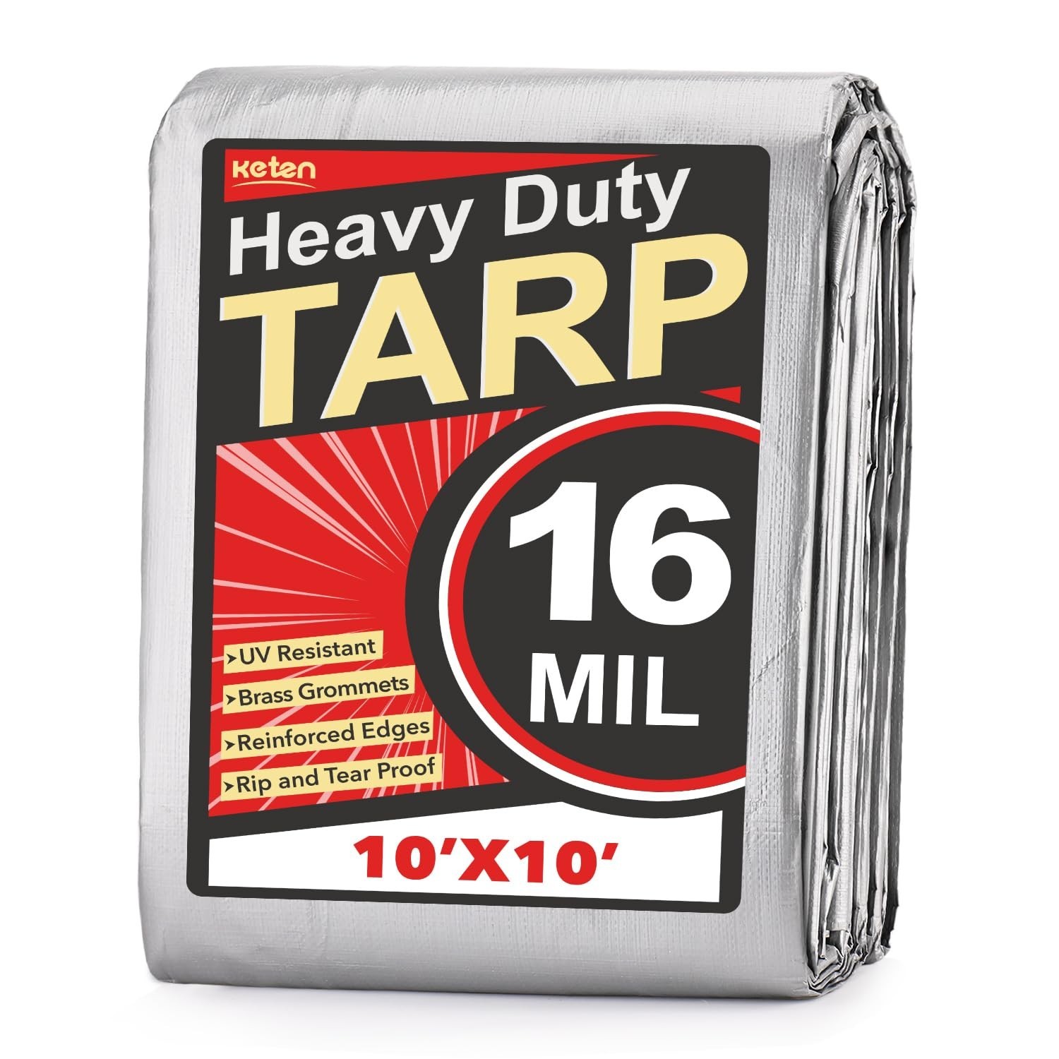 Keten Tarps Heavy Duty Waterproof 10X10 Feet, Extra Thick 16 Mil, Tear & Fade…