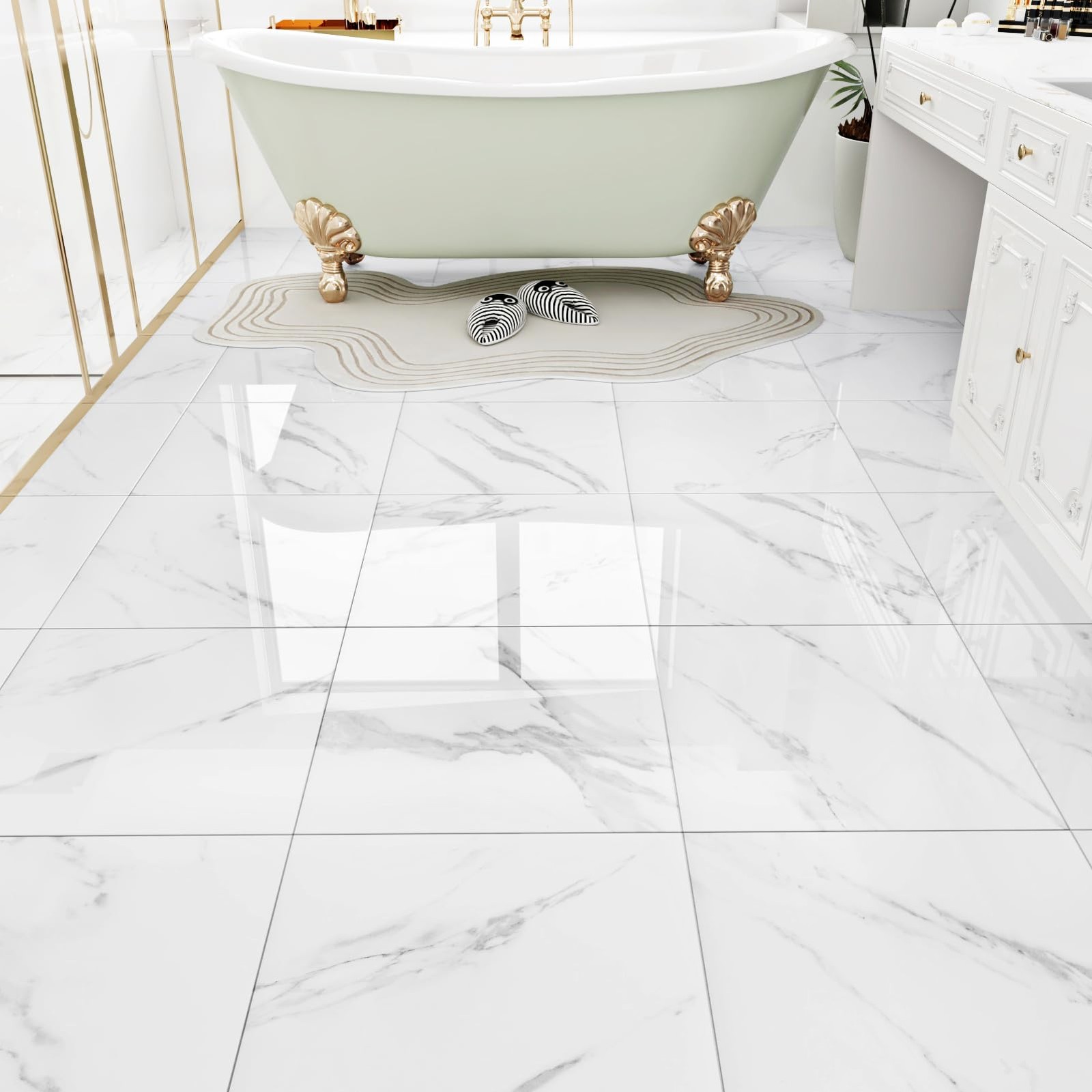 WESTICK White Marble Peel and Stick Floor Tile Bathroom 20 Tiles, 1.