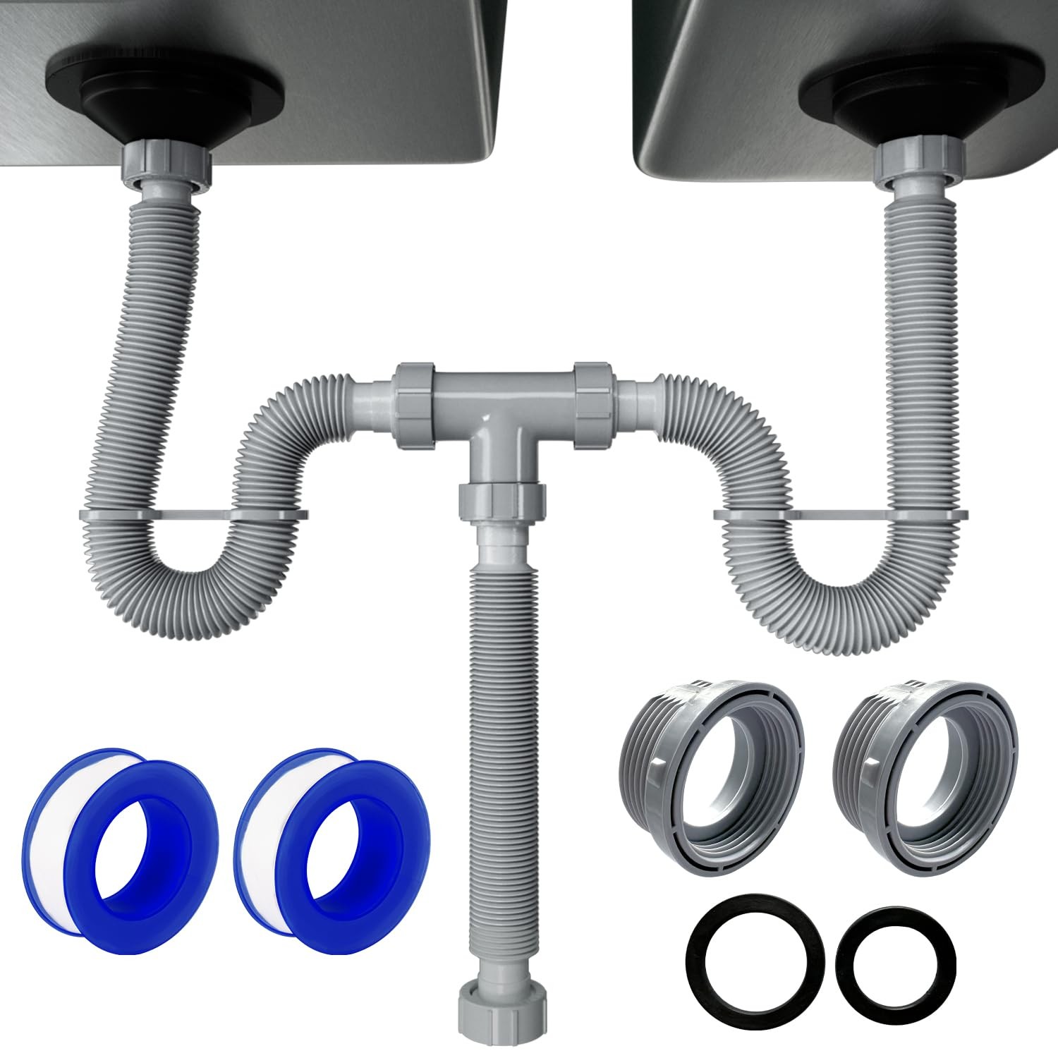 VIVIDA Double Sink Drain Pipe Kit, 1-1/2″ Flexible 11″ to 31.5″, Gray