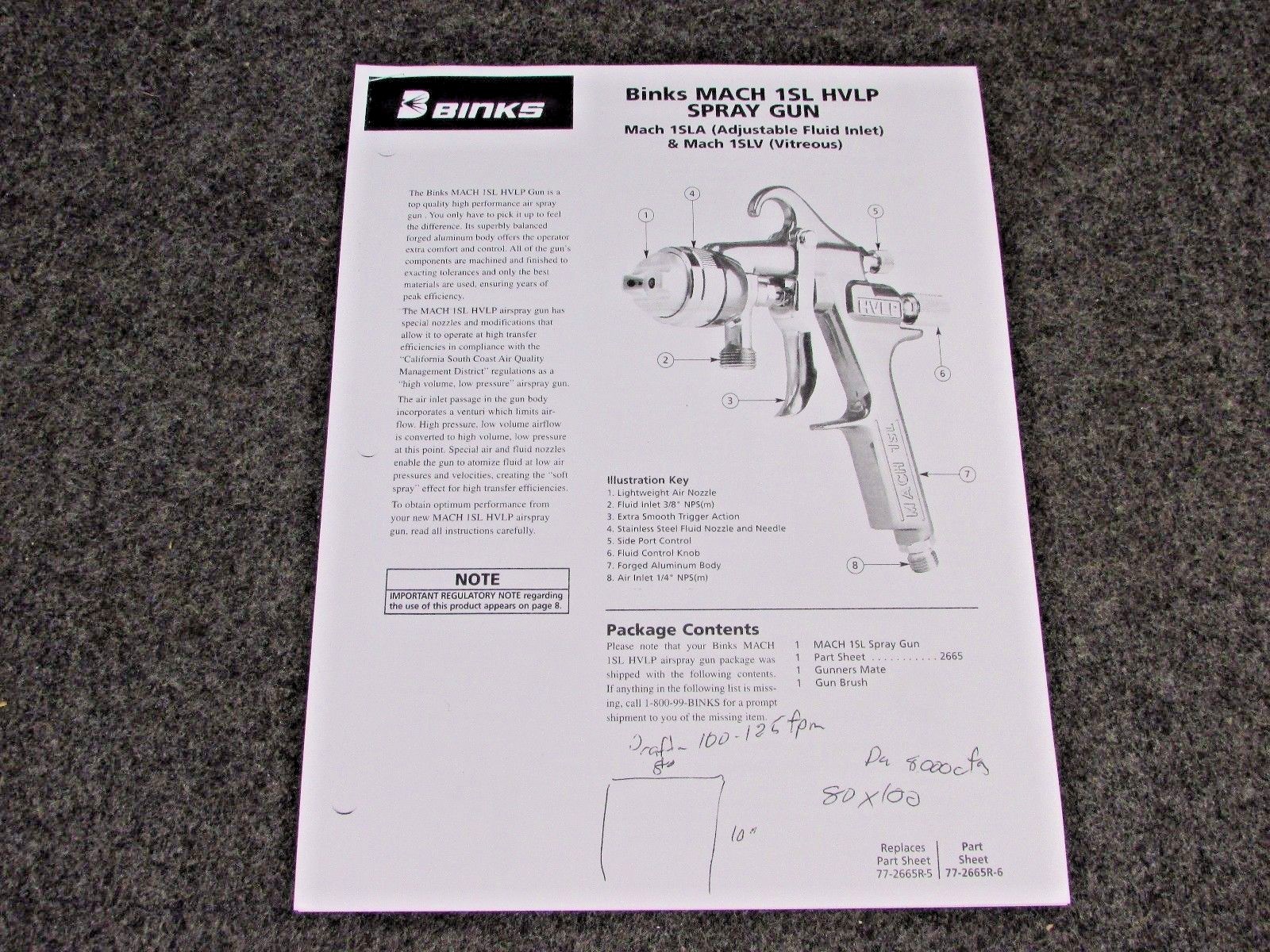 BINKS MACH 1SL HVLP AIR SPRAY GUN PARTS / USER MANUAL