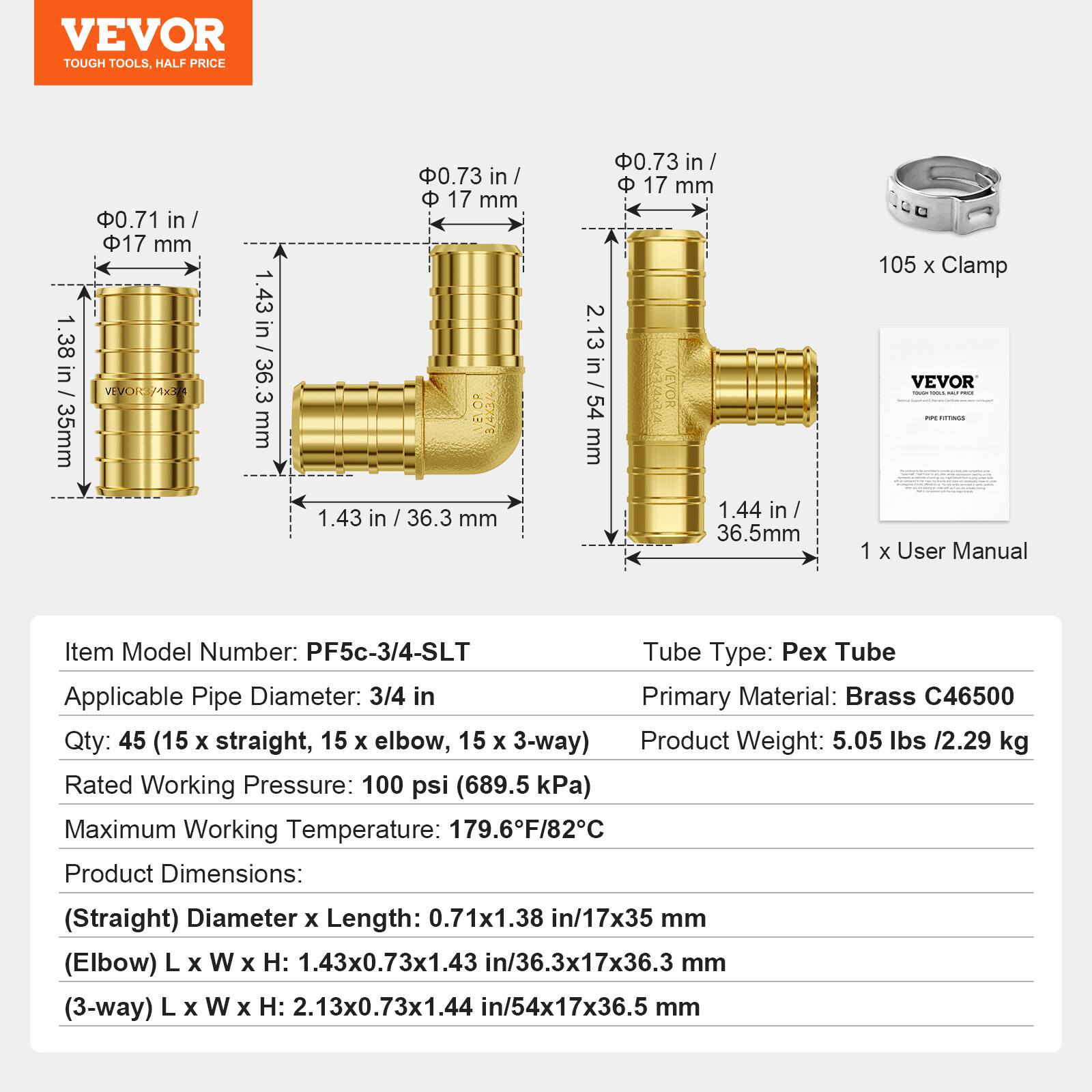 Pipe Fittings 3/4″ 45PCS (Straight,Elbows,Tees) Brass Push-Fit for Air