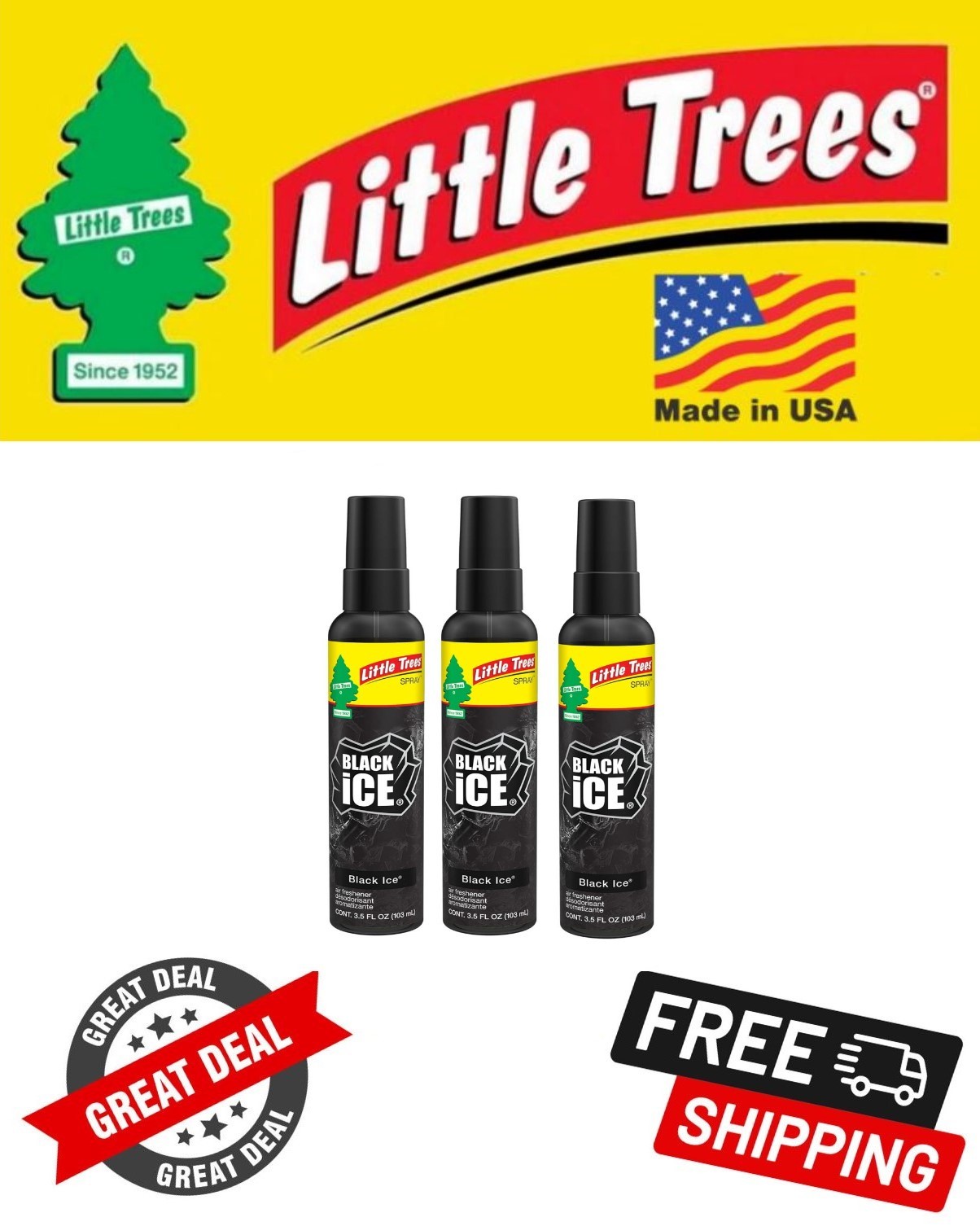Little Trees Black Ice Scent Car Spray Air Fresheners Non-Aerosol 3.5oz 3 PACK