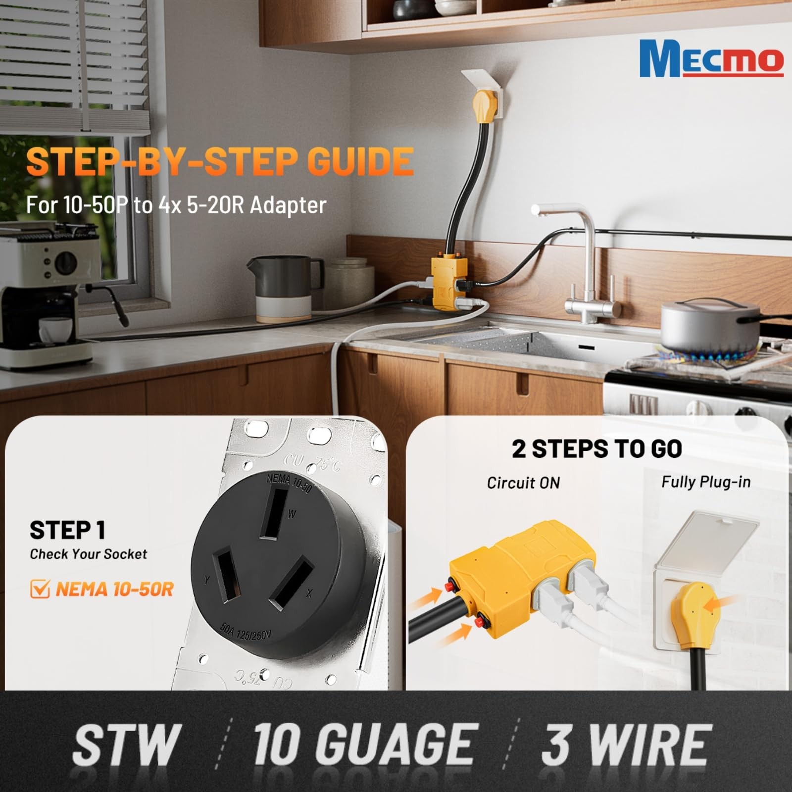 MECMO 50A 220 to 110 Household T-Blade Adapter, NEMA 10-50P 4X Yellow