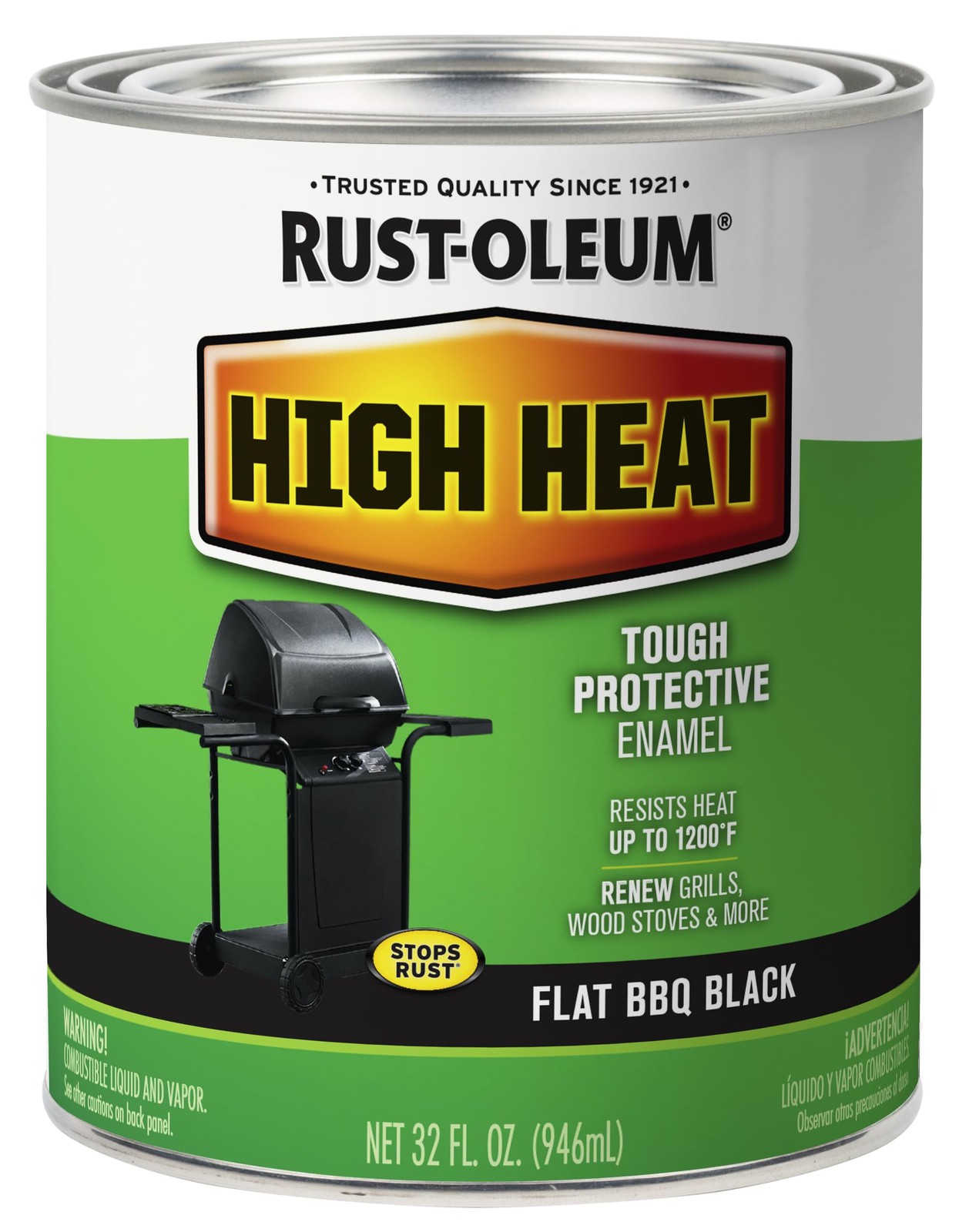 Rust-Oleum 7778502 High Heat Brush Protective Enamel Paint, Quart, Flat BBQ