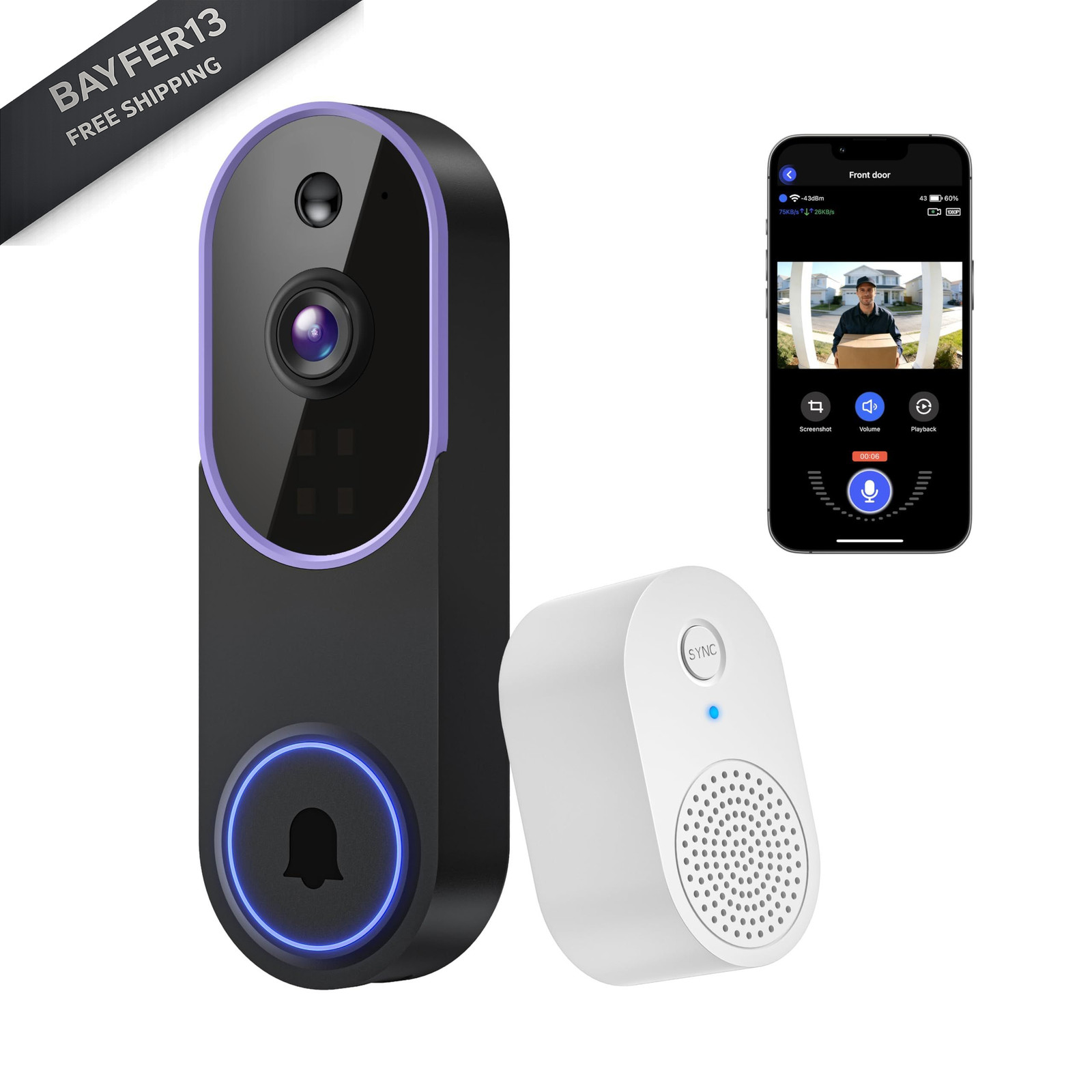 Lunelyx 1080P Wireless Video Doorbell Camera, Outdoor Surveillance Purple