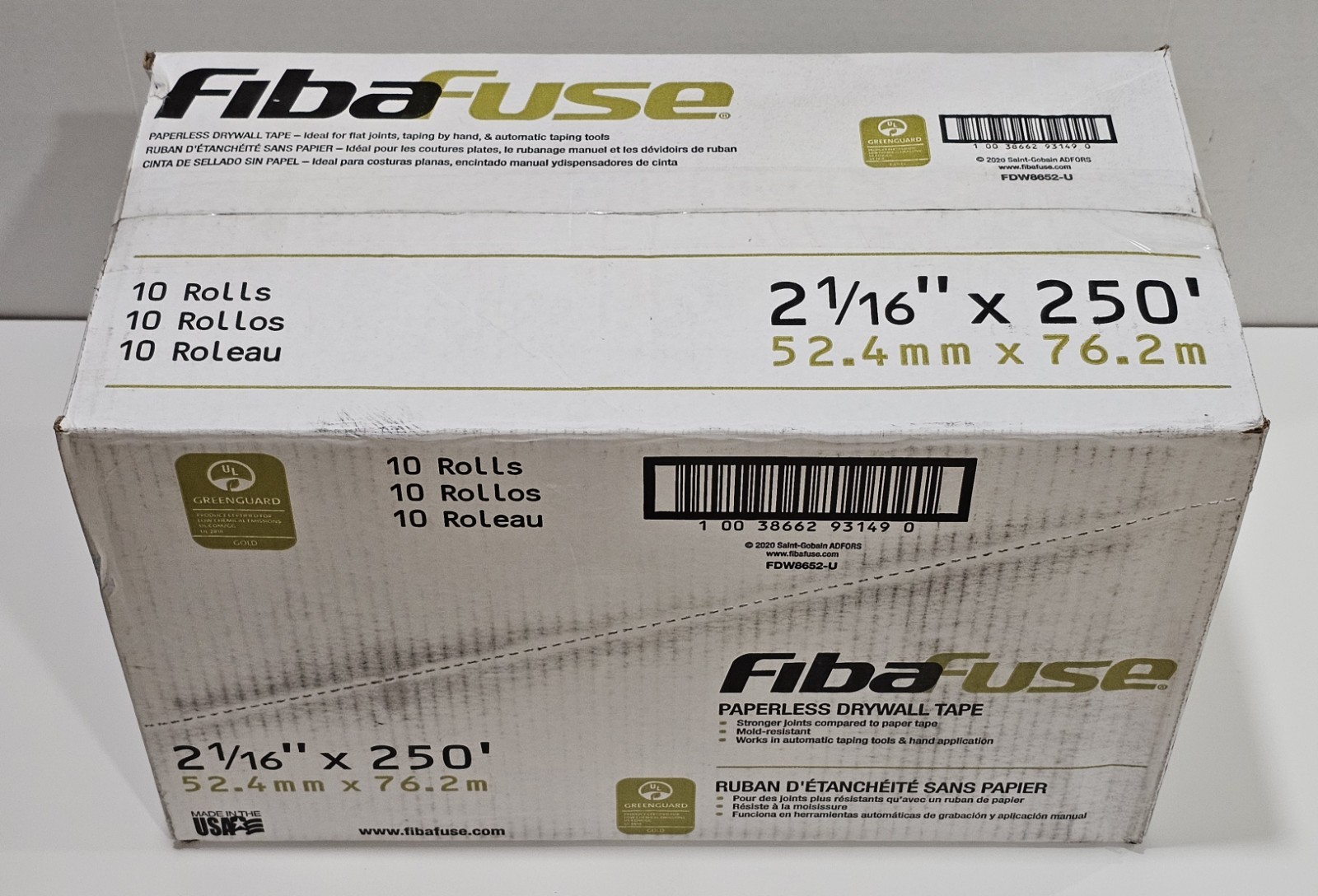 1 Box Of 10 Rolls FibaFuse 2-1/16″x 250′ White Paperless Drywall Joint Tape
