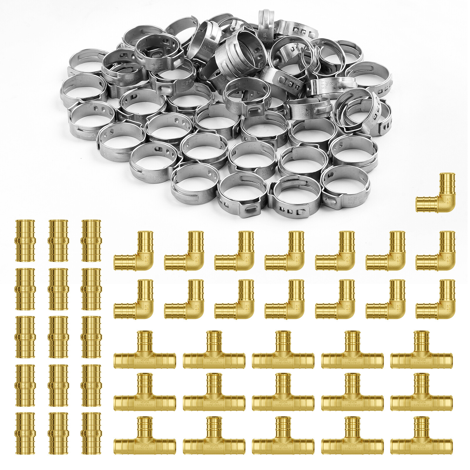 Pipe Fittings 45PCS 1/2″ PEX Crimp Brass Fittings Straight, Elbows, Tee(15/Each)