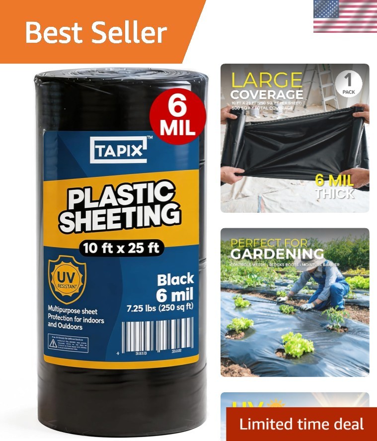 All-Weather 10′ x 25′ 6 Mil Black Plastic Sheeting – Protect Plants & Projects