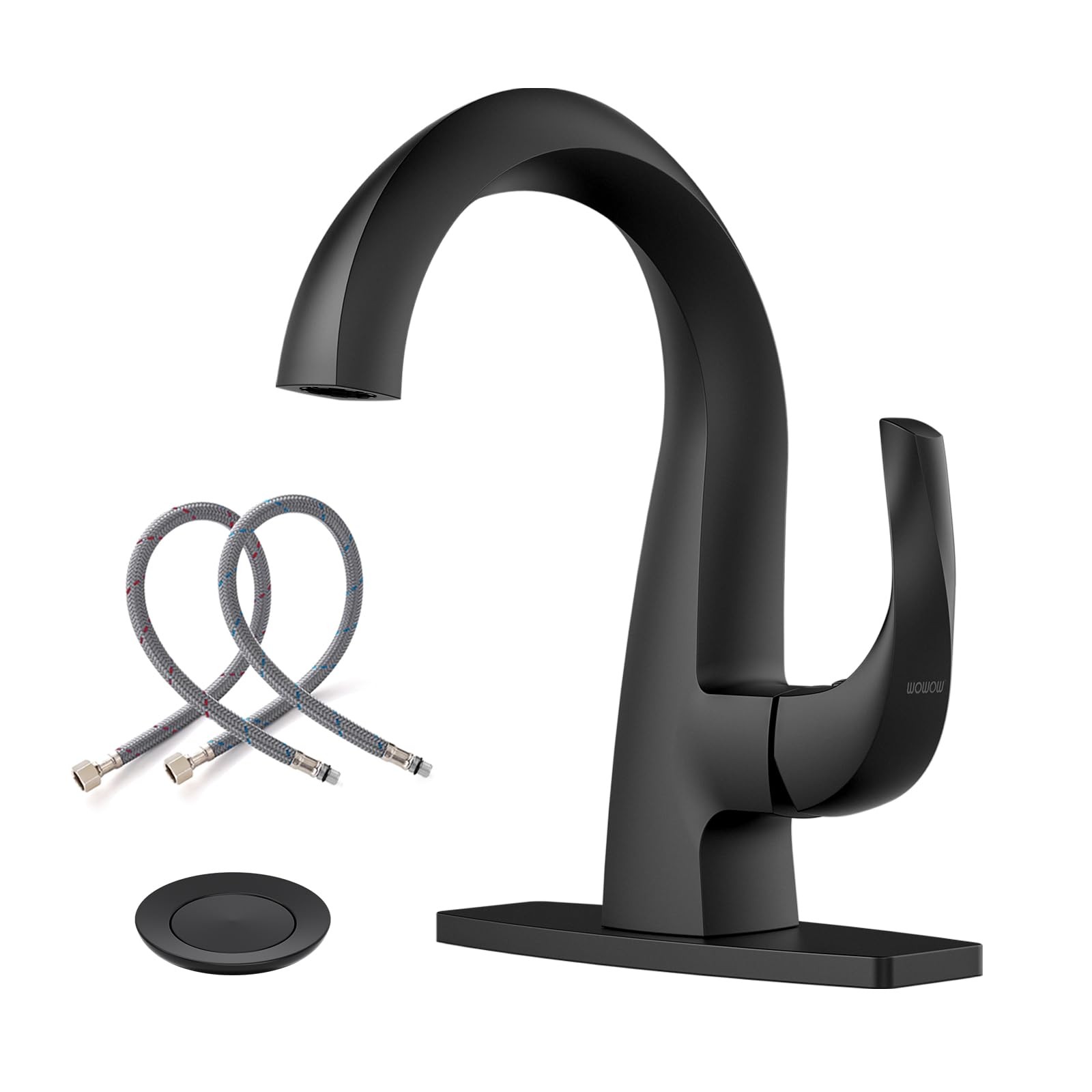WOWOW Single Handle Bathroom Faucet, Matte Black, 1 Hole, High Arc, Pop Black