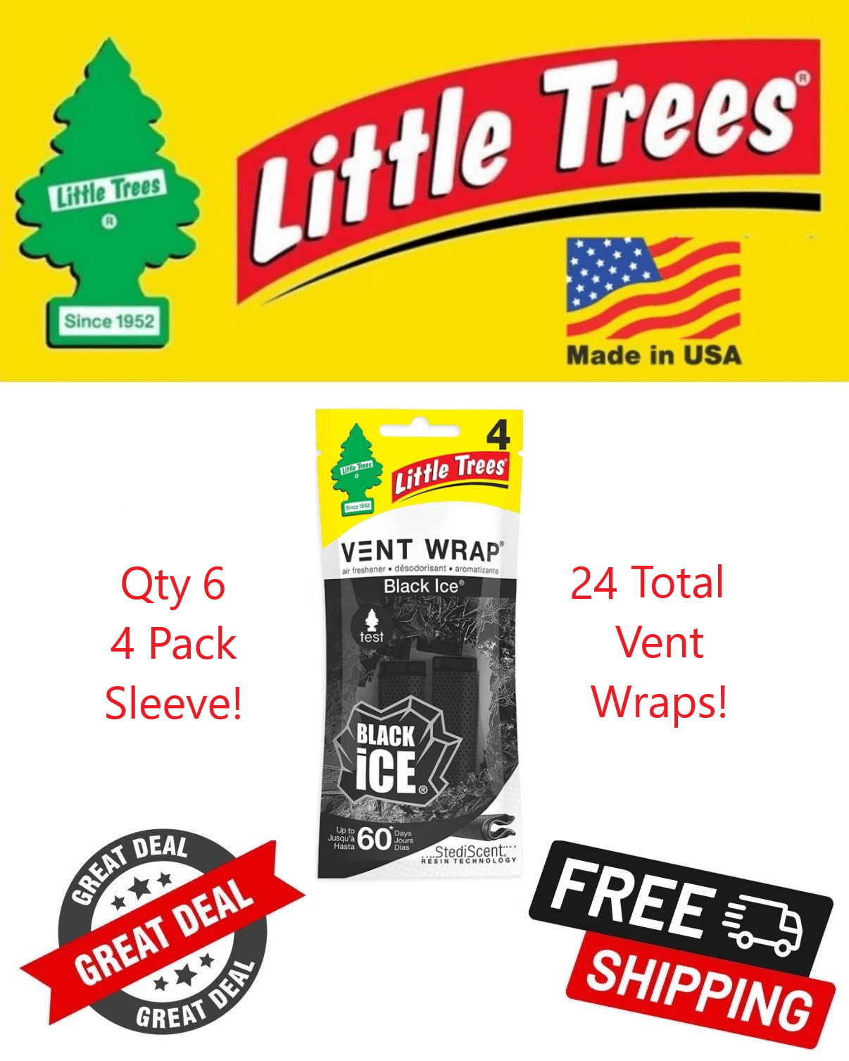Little Trees Vent Wrap Air Freshener for Car & Home Black Ice Scented – 24 Pack!
