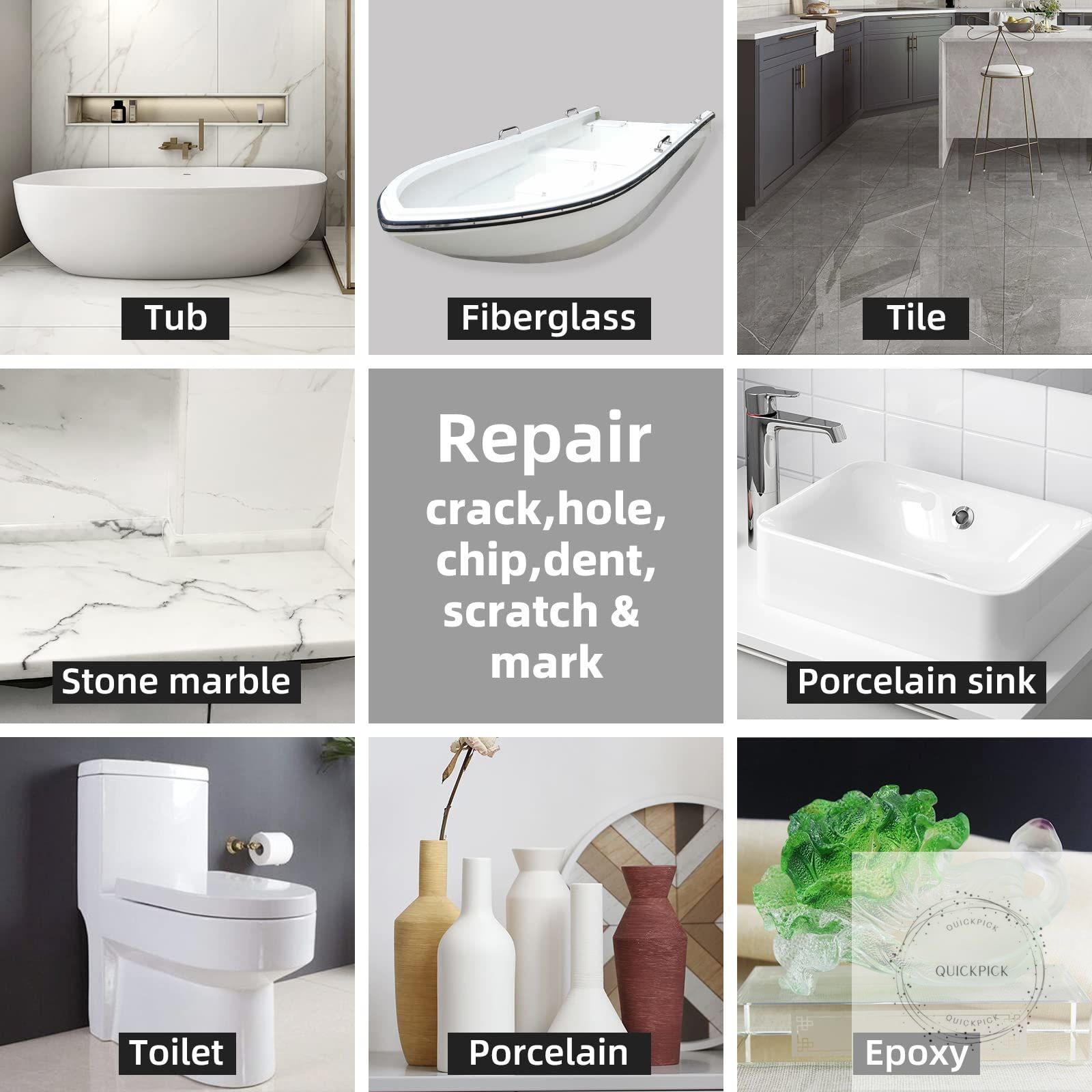 Tub and Fiberglass Shower Repair Kit, Porcelain Repair Kit Color Match Porcelain