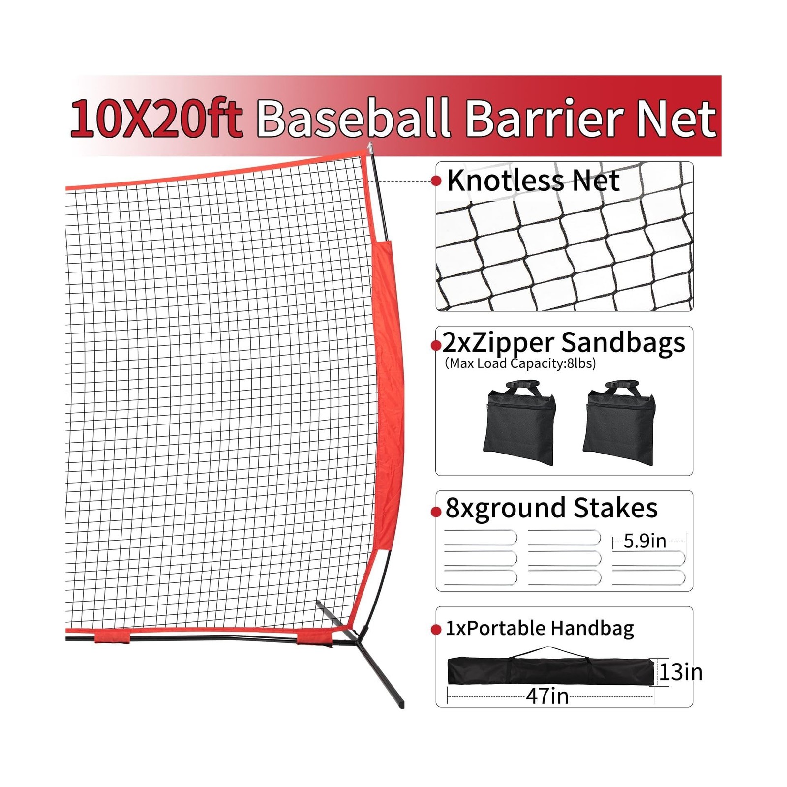 7×7/16×10/20x10ft Backstop Net, Ball Stop Net with Handbag,Fix Sports Net Bar…