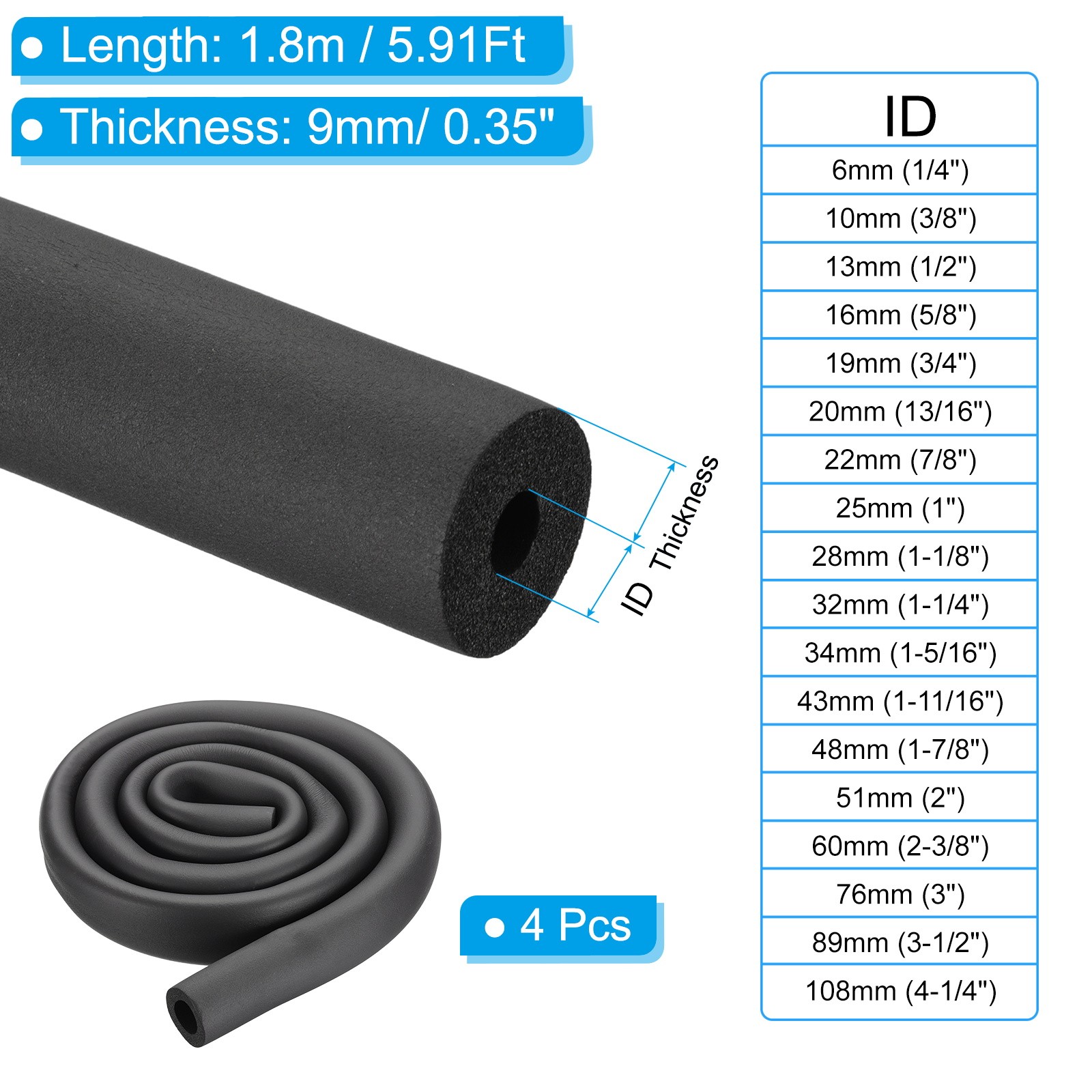 4Pcs 7/8″(22mm) ID x 6Ft Pipe Insulation Foam Tube Black
