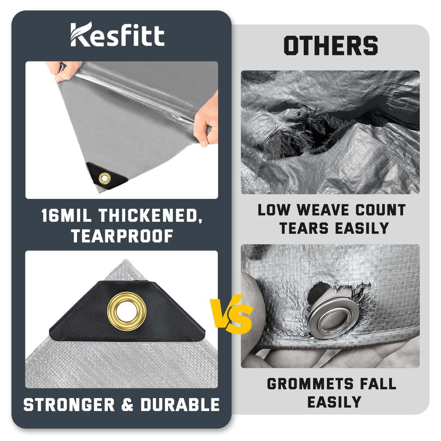 Kesfitt 16 Mil Heavy Duty Waterproof Tarp with Metal Grommets, 20×30 ft, Silv…