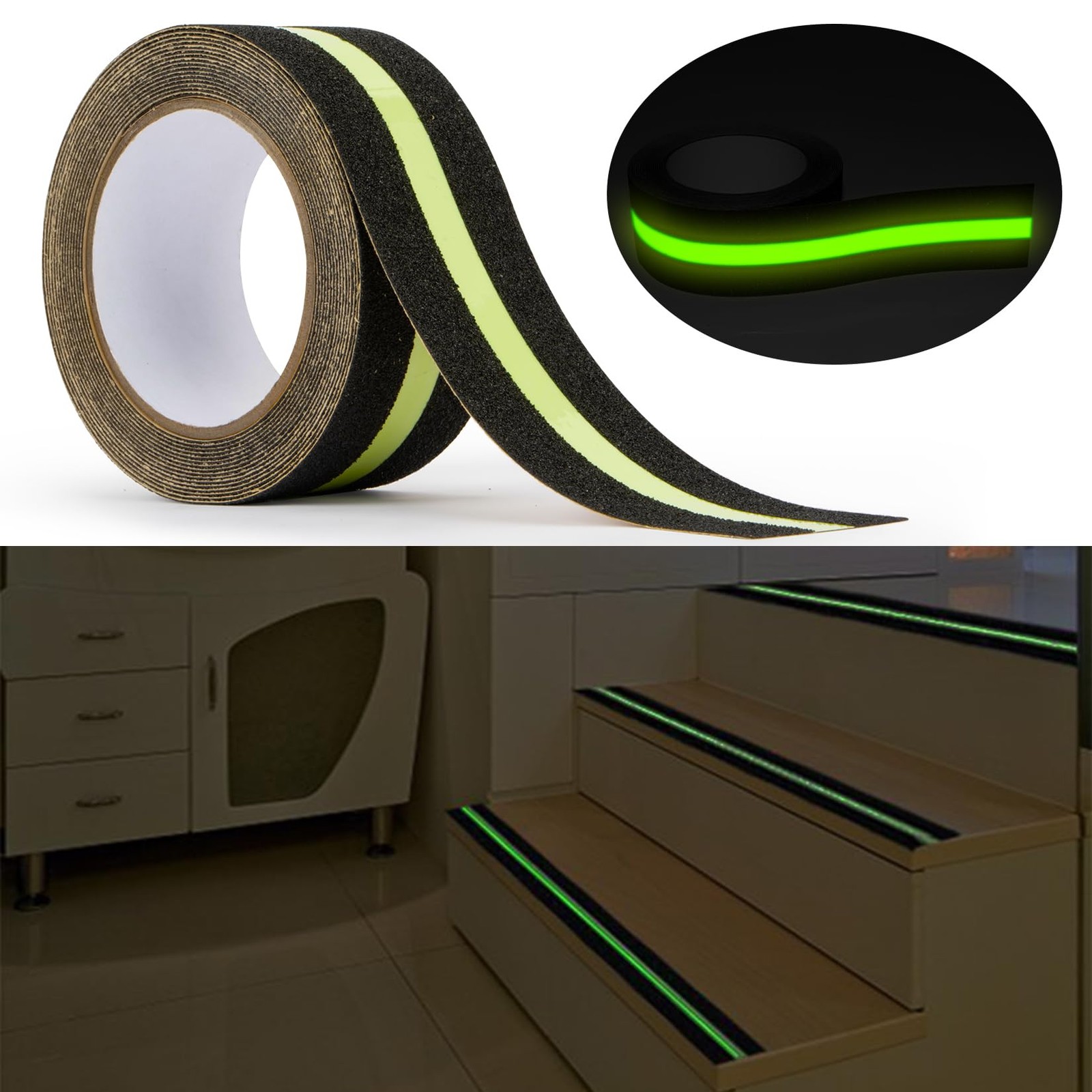 1 Roll Glow in The Dark Anti Slip Tape for Steps 2×16.4FT, Green and Black