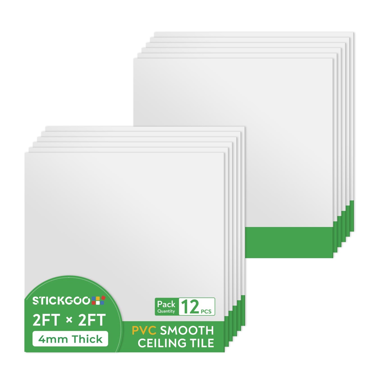 STICKGOO Smooth Drop Ceiling Tiles 2ft x 2ft, PVC 12 Pack of x White