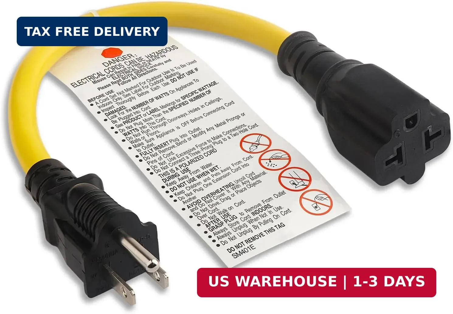 4-in-1 12AWG 15 Amp Household AC Plug to 20 Amp T Blade Adapter Cable, NEMA 5-15
