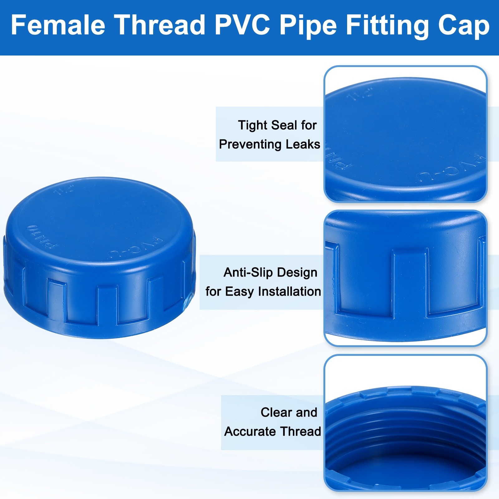 5Pcs 1-1/2 Inch PT Female Thread PVC Pipe Fitting Cap with Gasket Blue
