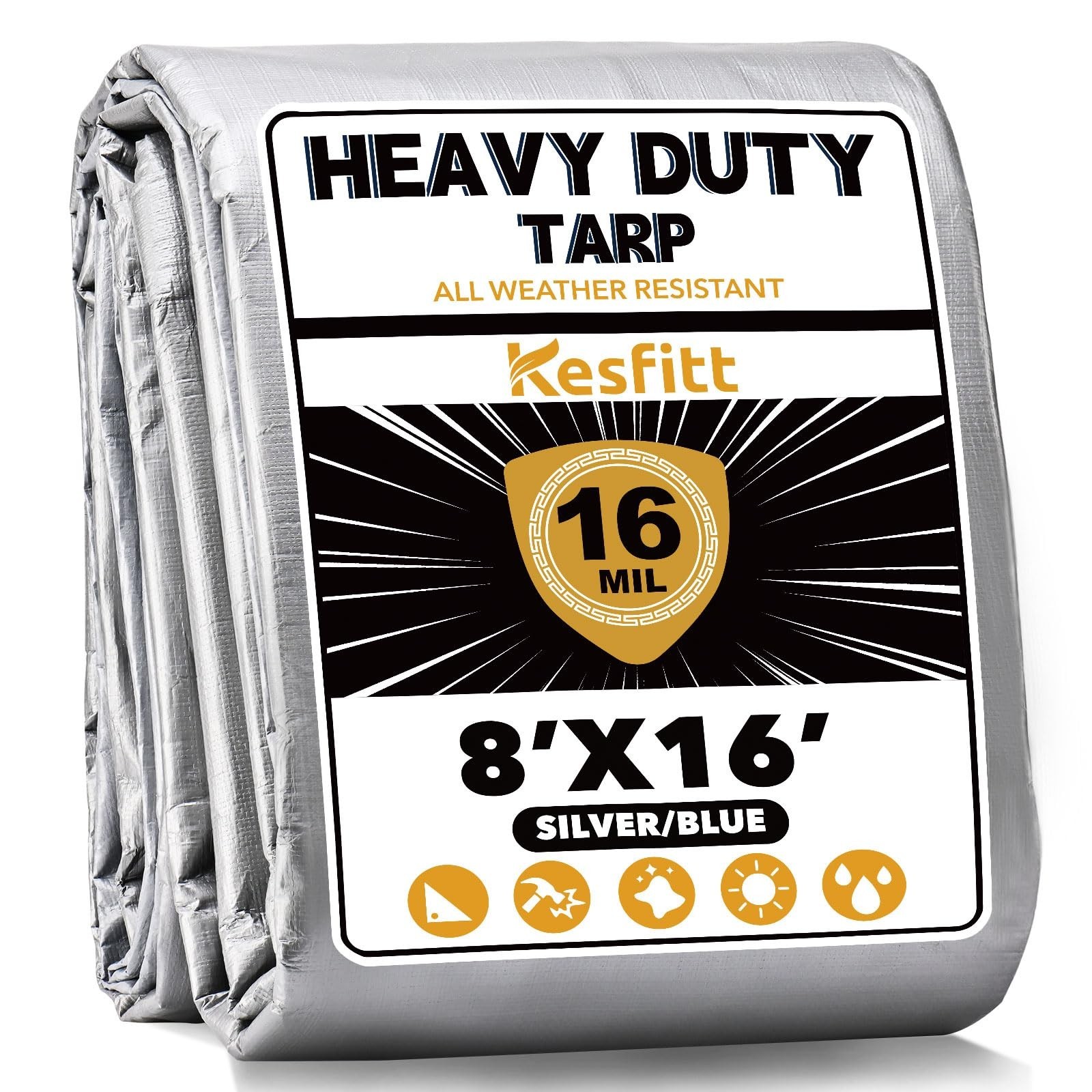 Kesfitt 16 Mil Heavy Duty Waterproof Tarp with Metal Grommets, 8×16 ft, Silve…
