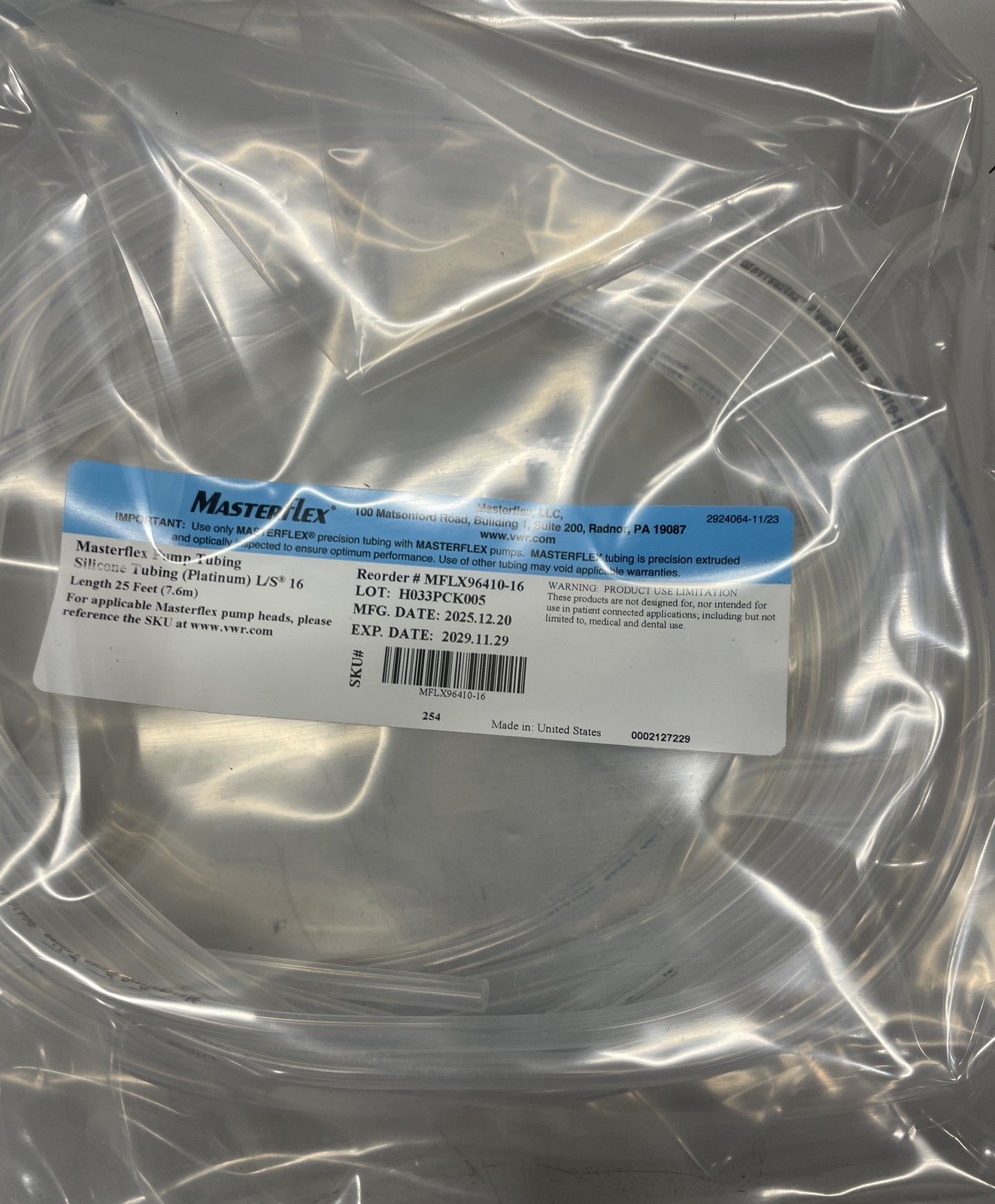 Masterflex Pump Tubing Platinum MFlex Silicone 25′ MFLX96410-16