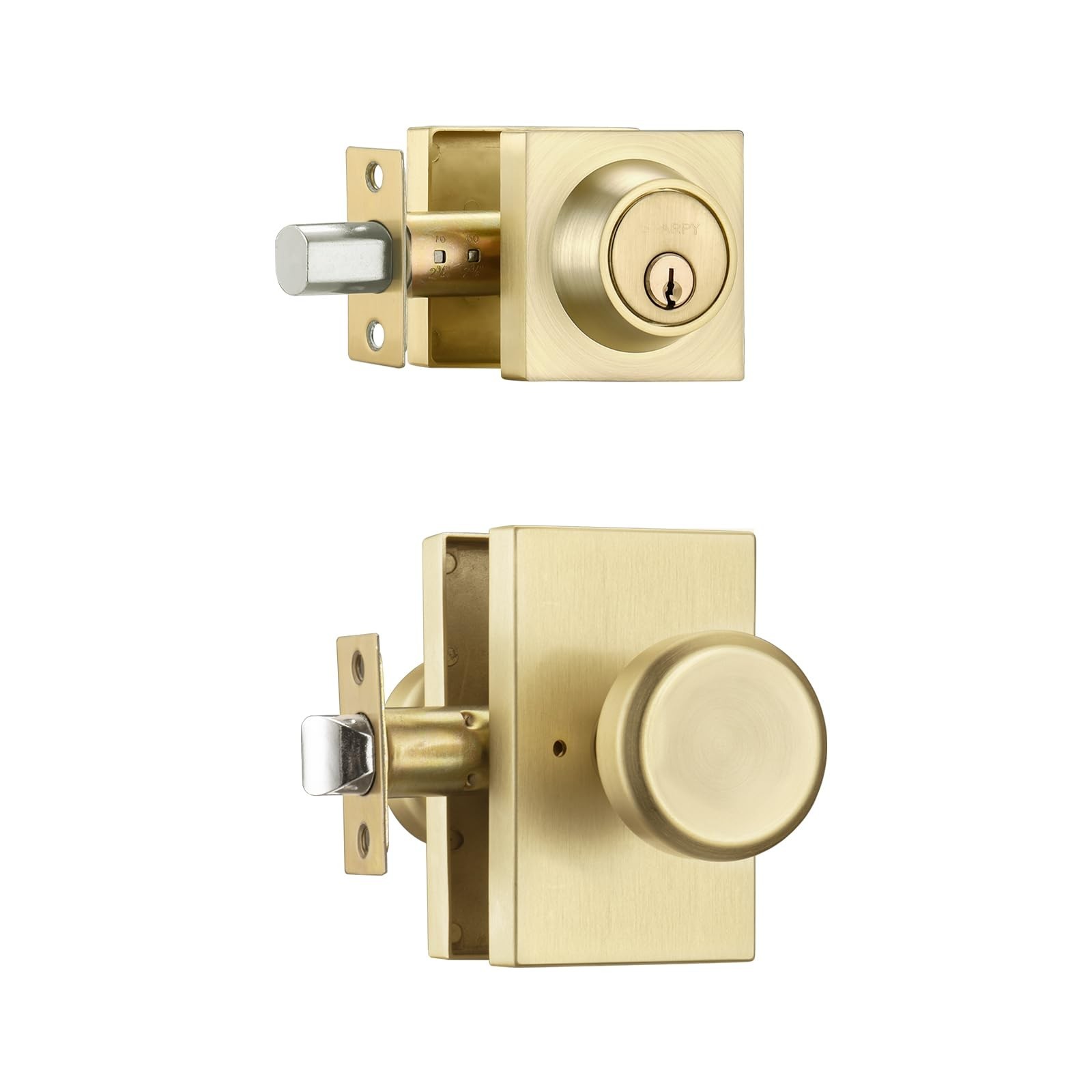 Satin Brass Door Knob with Lock, Exterior Door Lock Set with Deadbolt, Keyed …
