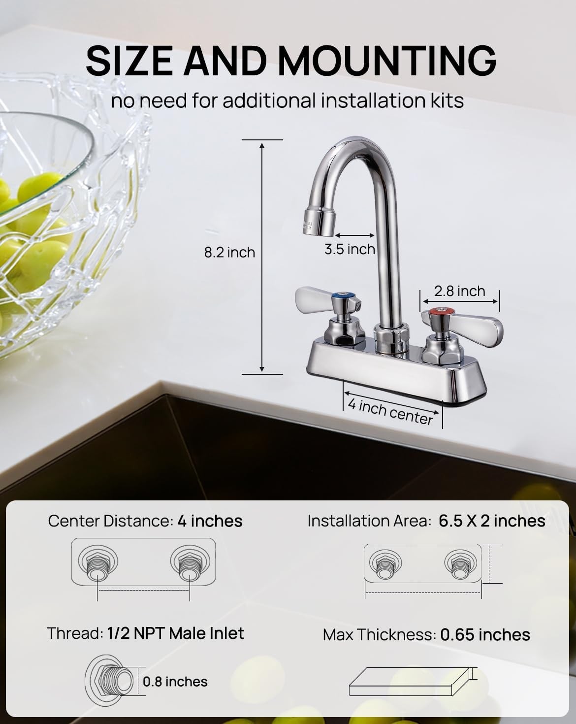 Commercial 4″ Center Deck Mount Bar Sink Faucet with 3.5″ Gooseneck Spout