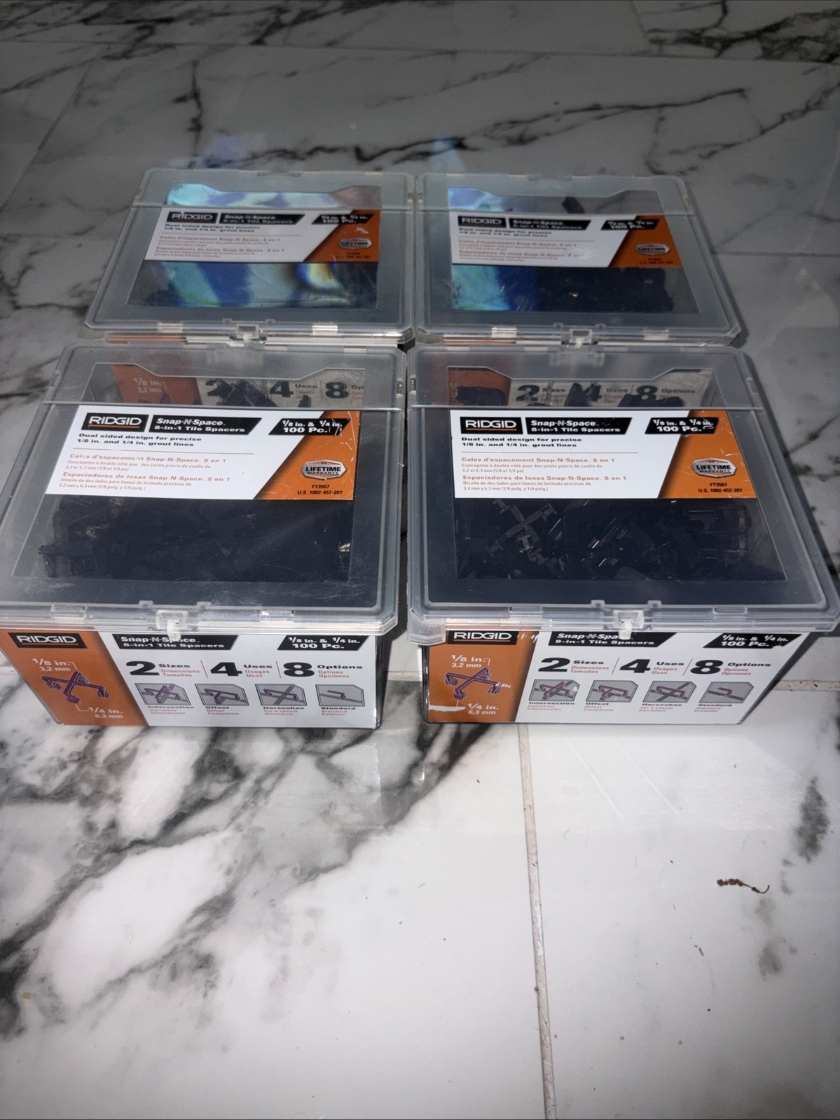 Lot Of 4 Ridgid 8-in-1 Tile Spacers 1/8″ & 1/4″ (100-Pack w/Resealable Box X 4)