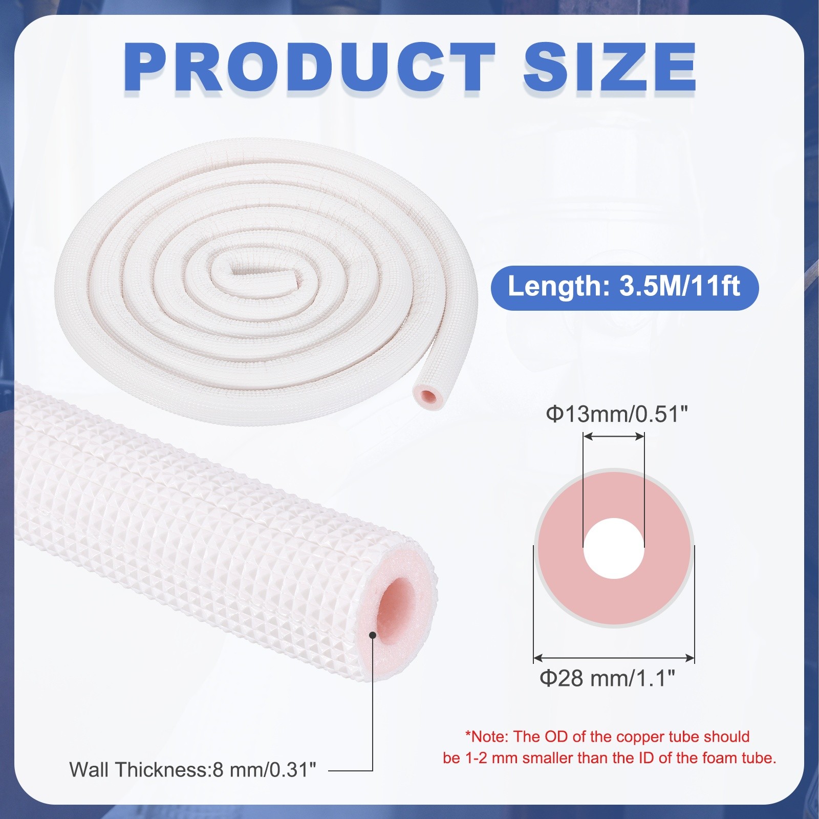11ft Length White/Pink HVAC Copper Pipe Insulation Foam Tube 1/2″ ID Pipes